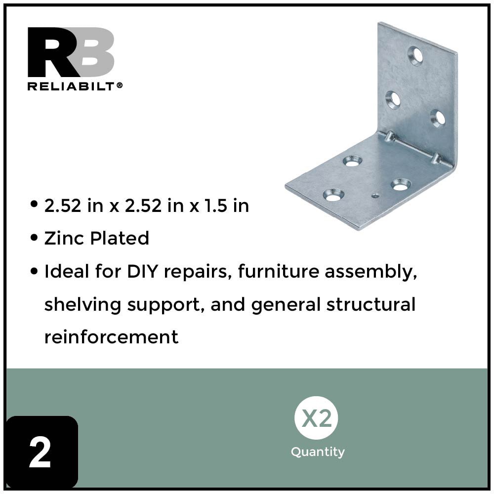 slide 2 of 6, RELIABILT 2.5-in x 1.5-in x 2.5-in 1.8 -Gauge Zinc Steel Corner brace 2 -Pack, 1 ct