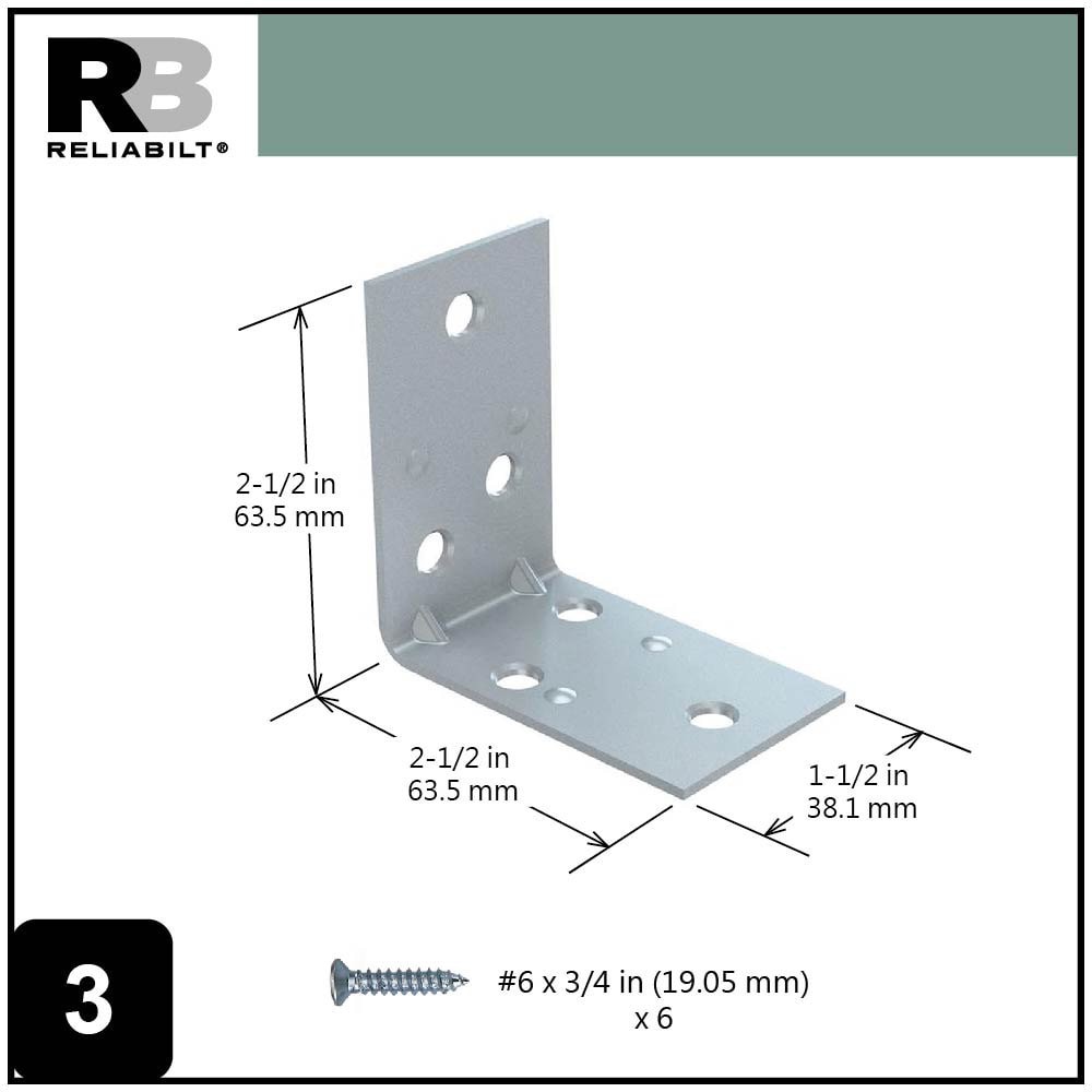 slide 3 of 6, RELIABILT 2.5-in x 1.5-in x 2.5-in 1.8 -Gauge Zinc Steel Corner brace 2 -Pack, 1 ct