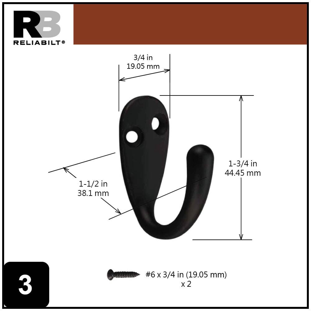 slide 3 of 6, RELIABILT 1.57-in Black Zinc die-cast Universal hook 4 -Pack, 1 ct