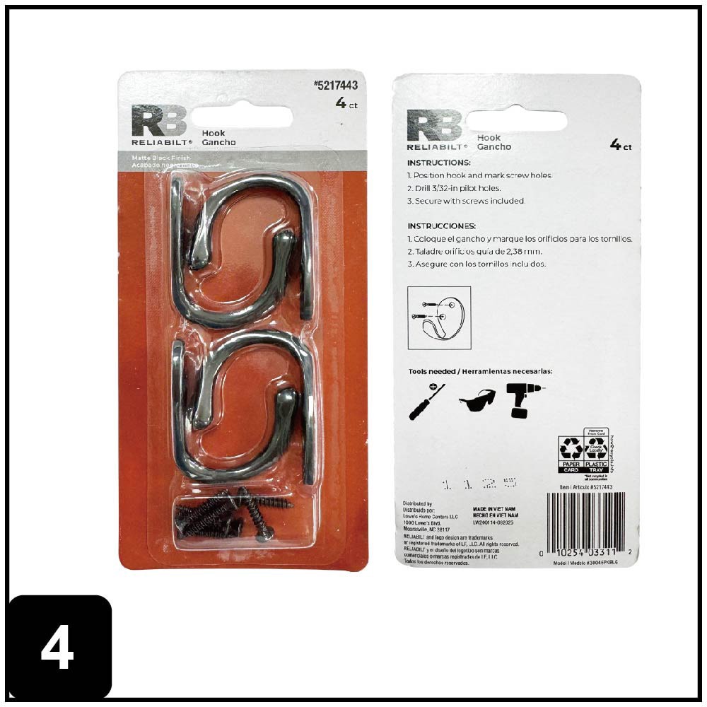 slide 4 of 6, RELIABILT 1.57-in Black Zinc die-cast Universal hook 4 -Pack, 1 ct