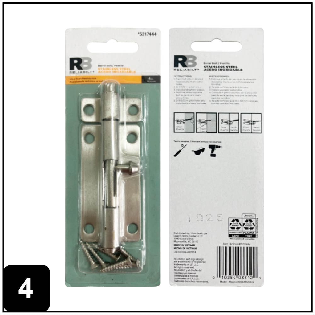 slide 4 of 6, RELIABILT 4-in Stainless steel Stainless steel Barrel Bolt, 1 ct