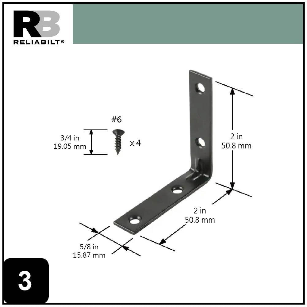 slide 3 of 6, RELIABILT 2-in x 0.625-in x 2-in 1.8 -Gauge Black Steel Corner brace 4 -Pack, 1 ct