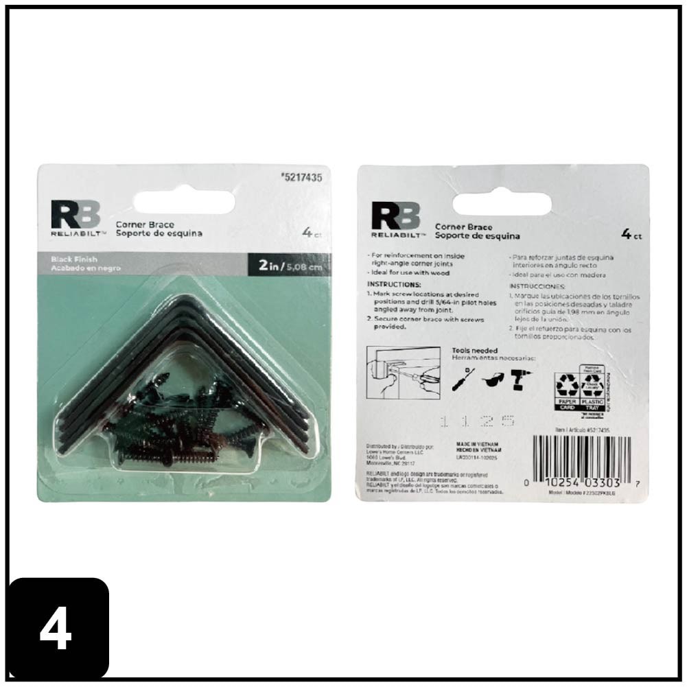 slide 4 of 6, RELIABILT 2-in x 0.625-in x 2-in 1.8 -Gauge Black Steel Corner brace 4 -Pack, 1 ct