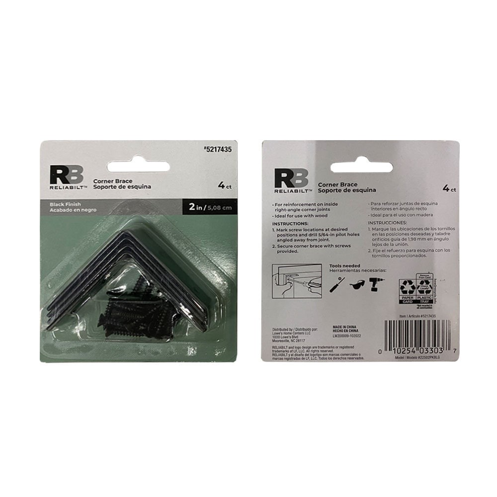 slide 5 of 5, RELIABILT 2-in x 0.625-in x 2-in 1.8 -Gauge Black Steel Corner brace 4 -Pack, 1 ct