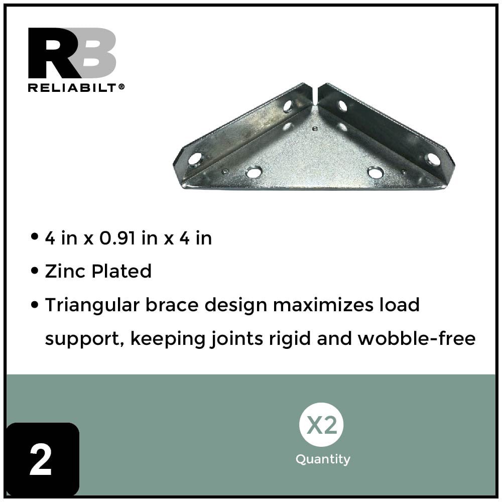 slide 3 of 6, RELIABILT 4-in x 0.875-in x 4-in 2.3 -Gauge Zinc Steel Corner brace 2 -Pack, 1 ct