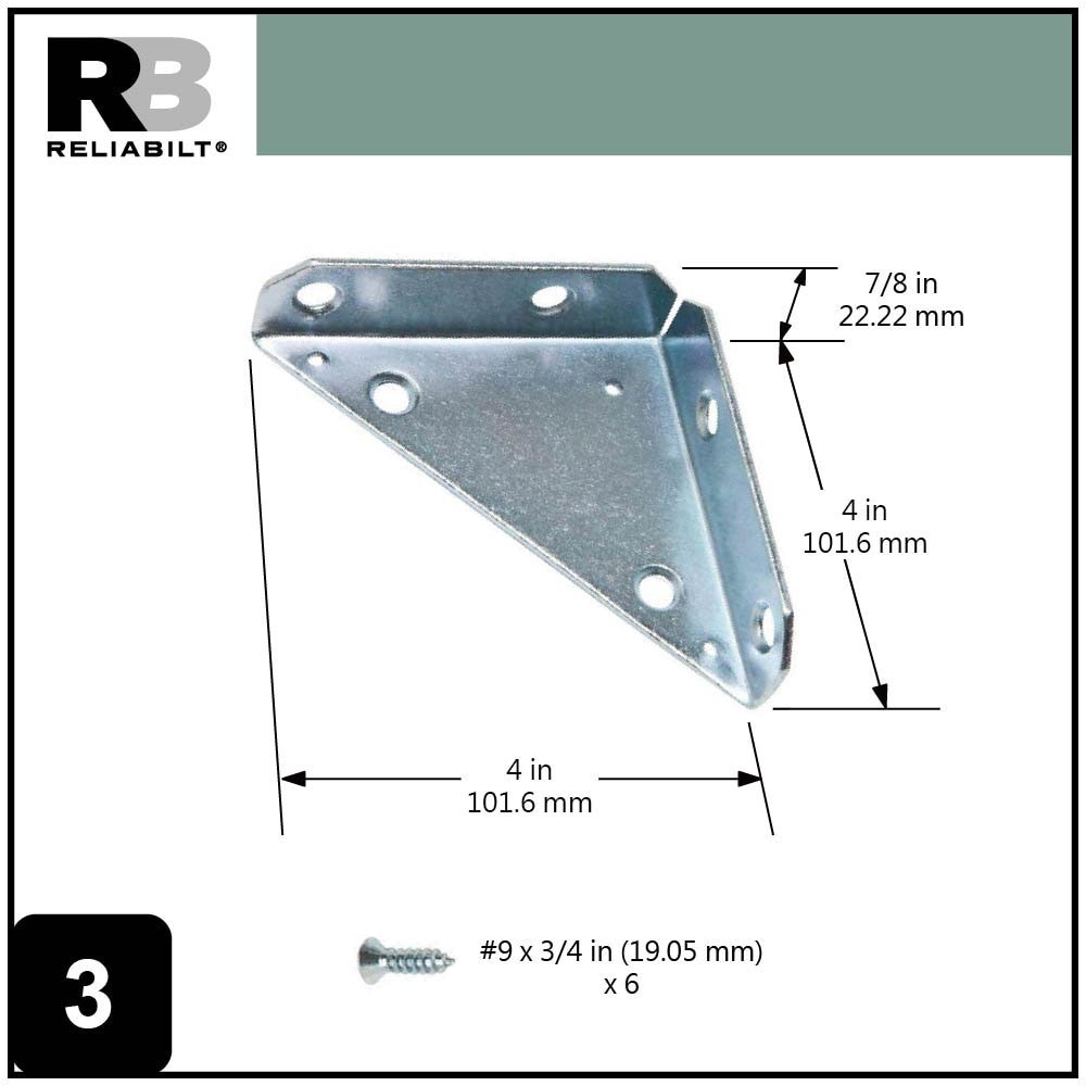 slide 4 of 6, RELIABILT 4-in x 0.875-in x 4-in 2.3 -Gauge Zinc Steel Corner brace 2 -Pack, 1 ct