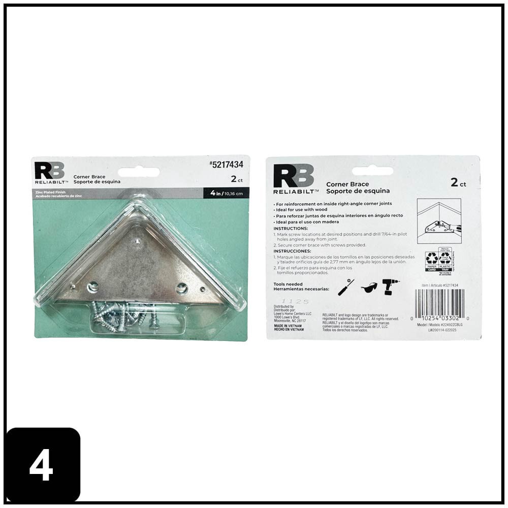 slide 5 of 6, RELIABILT 4-in x 0.875-in x 4-in 2.3 -Gauge Zinc Steel Corner brace 2 -Pack, 1 ct