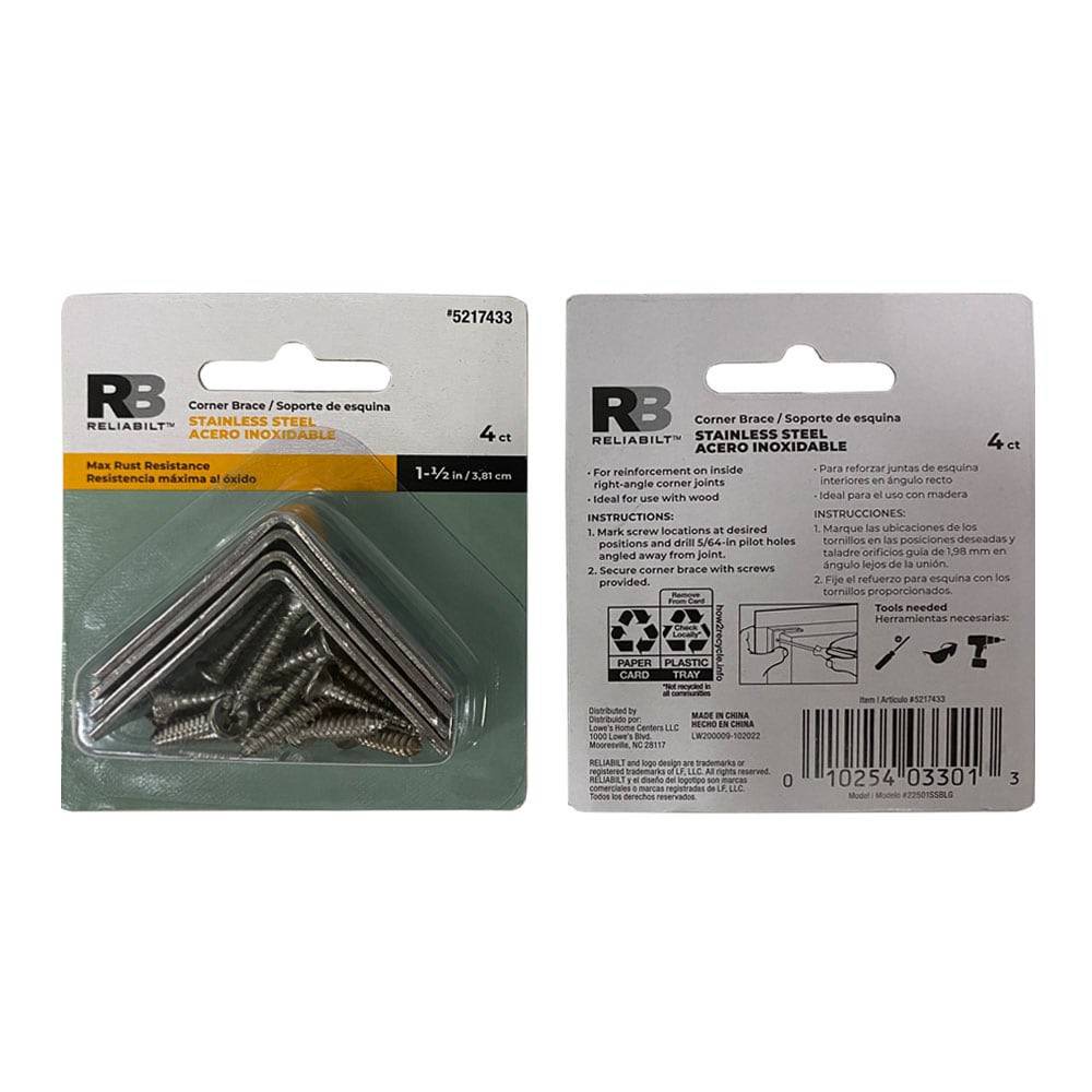 slide 4 of 4, RELIABILT Corner Brace 1.5-in x 0.5-in x 1.5-in 1.8 -Gauge Stainless steel Stainless steel Corner brace 4 -Pack, 1 ct