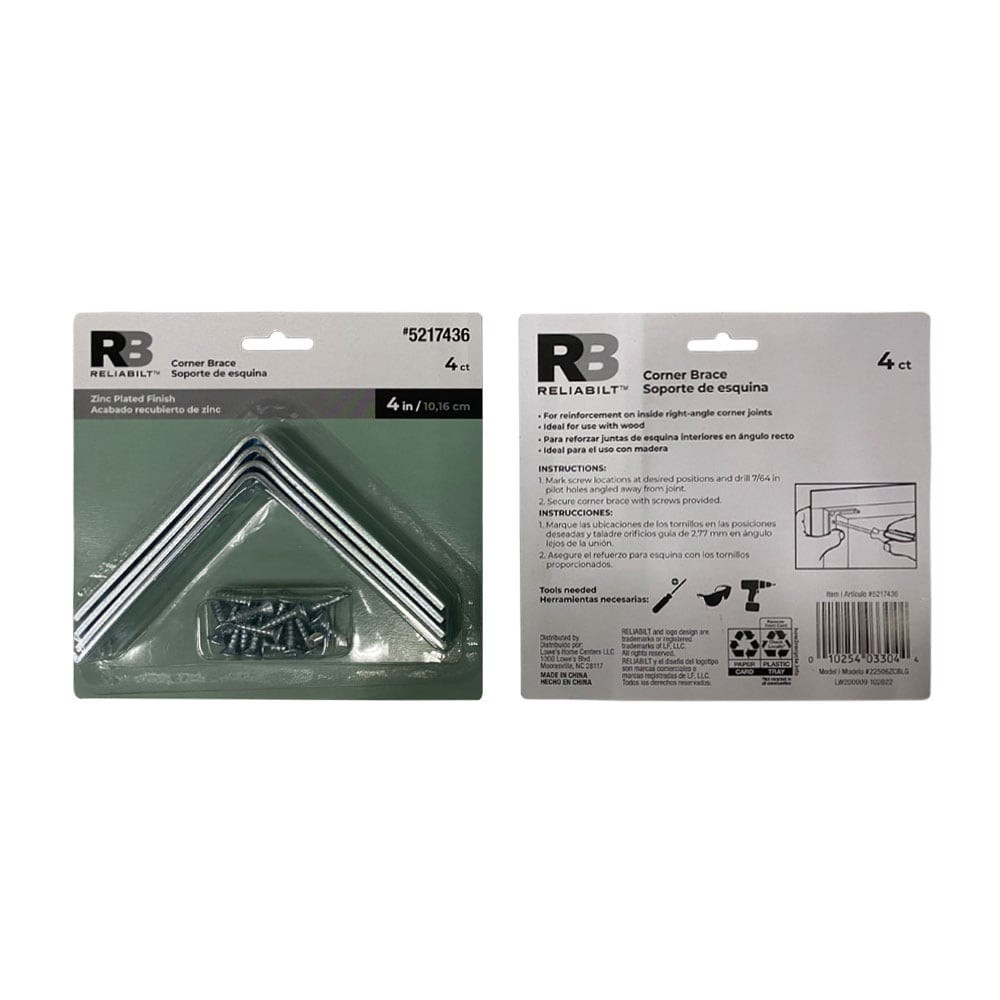 slide 6 of 6, RELIABILT 4-in x 0.875-in x 4-in 3 -Gauge Zinc Steel Corner brace 4 -Pack, 1 ct