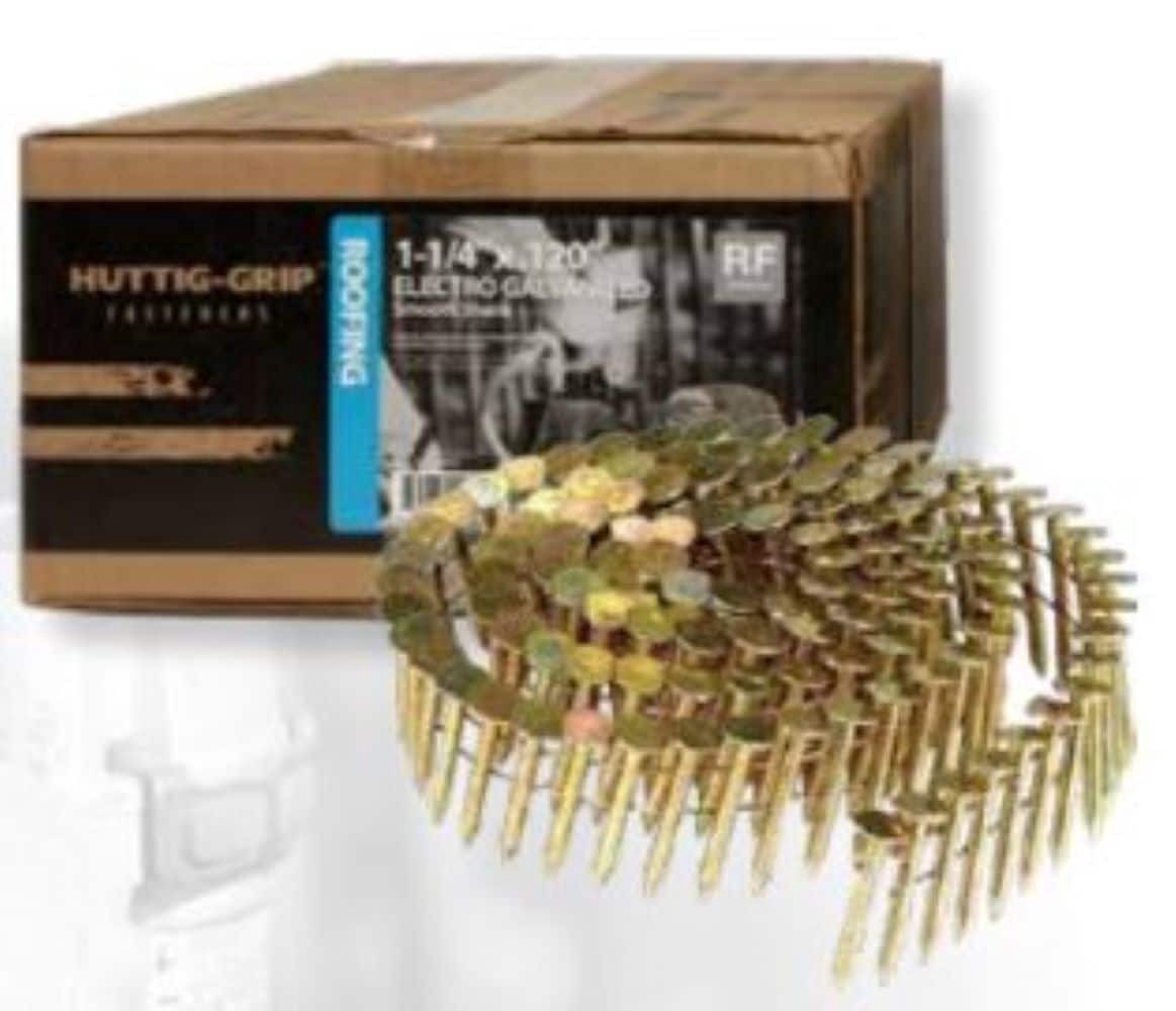 slide 3 of 3, Huttig-Grip 1-1/4-in 15 -Degree Smooth Shank Electro-galvanized Collated Coil Roofing Nails 7200 -Per Box, 1 ct