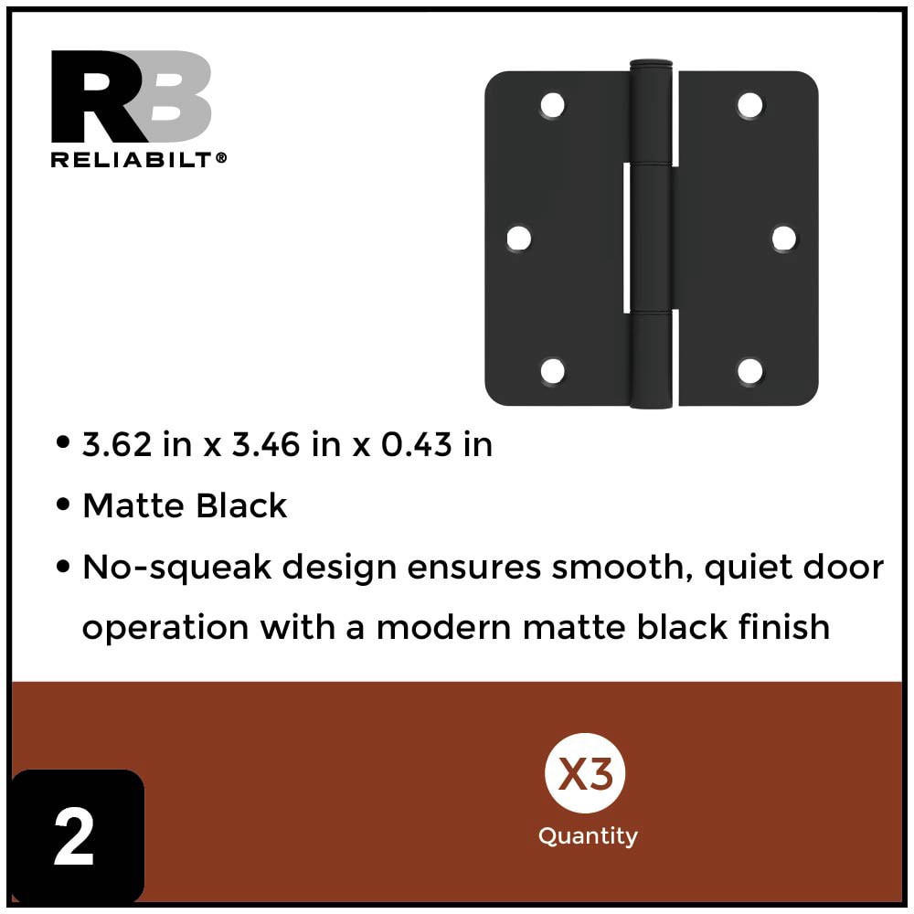 slide 2 of 6, RELIABILT No-Squeak 3-1/2-in H x 1/4-in Radius Matte Black Mortise Interior/Exterior Door Hinge 3 -Pack, 1 ct