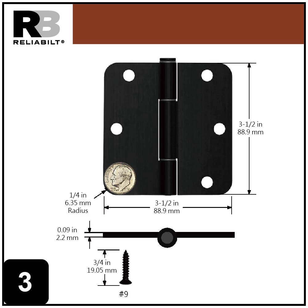 slide 3 of 6, RELIABILT No-Squeak 3-1/2-in H x 1/4-in Radius Matte Black Mortise Interior/Exterior Door Hinge 3 -Pack, 1 ct