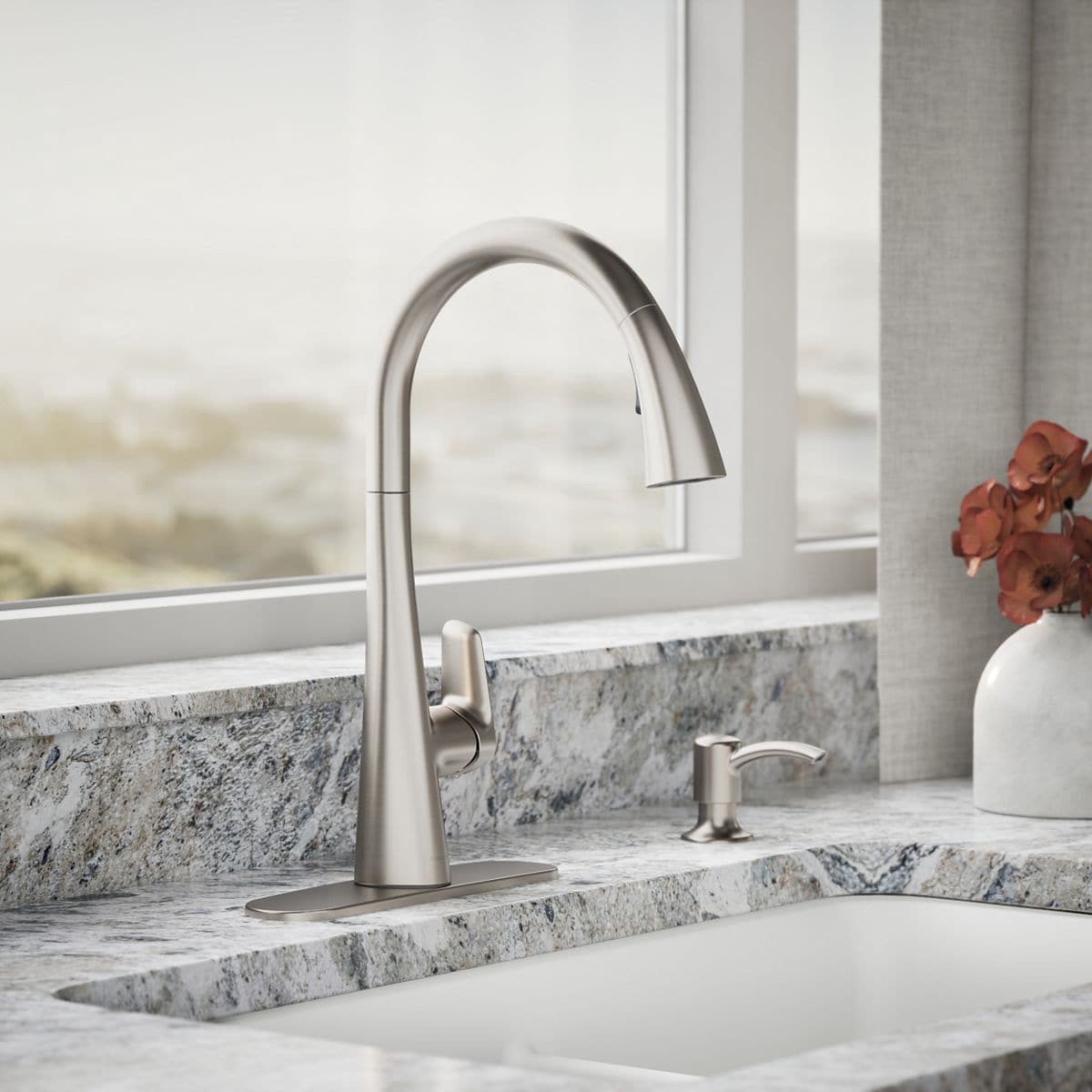 slide 2 of 6, KOHLER Anessia Vibrant Stainless Single Handle Deck-mount Pull-down Kitchen Faucet with Sprayer (Includes Deck Plate) (Includes Soap Dispenser), 1 ct