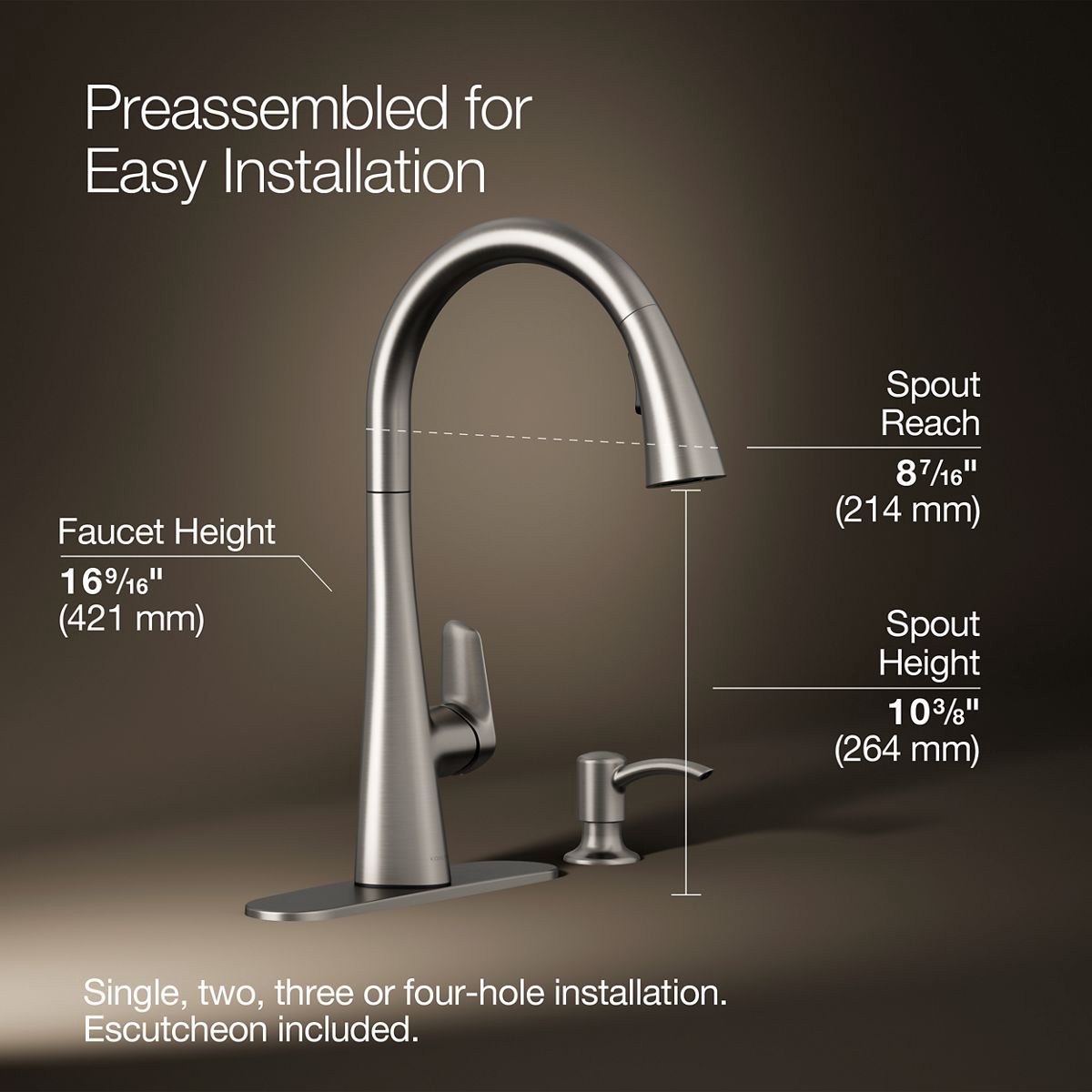 slide 3 of 6, KOHLER Anessia Vibrant Stainless Single Handle Deck-mount Pull-down Kitchen Faucet with Sprayer (Includes Deck Plate) (Includes Soap Dispenser), 1 ct