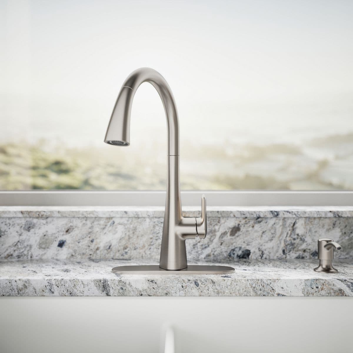 slide 5 of 6, KOHLER Anessia Vibrant Stainless Single Handle Deck-mount Pull-down Kitchen Faucet with Sprayer (Includes Deck Plate) (Includes Soap Dispenser), 1 ct