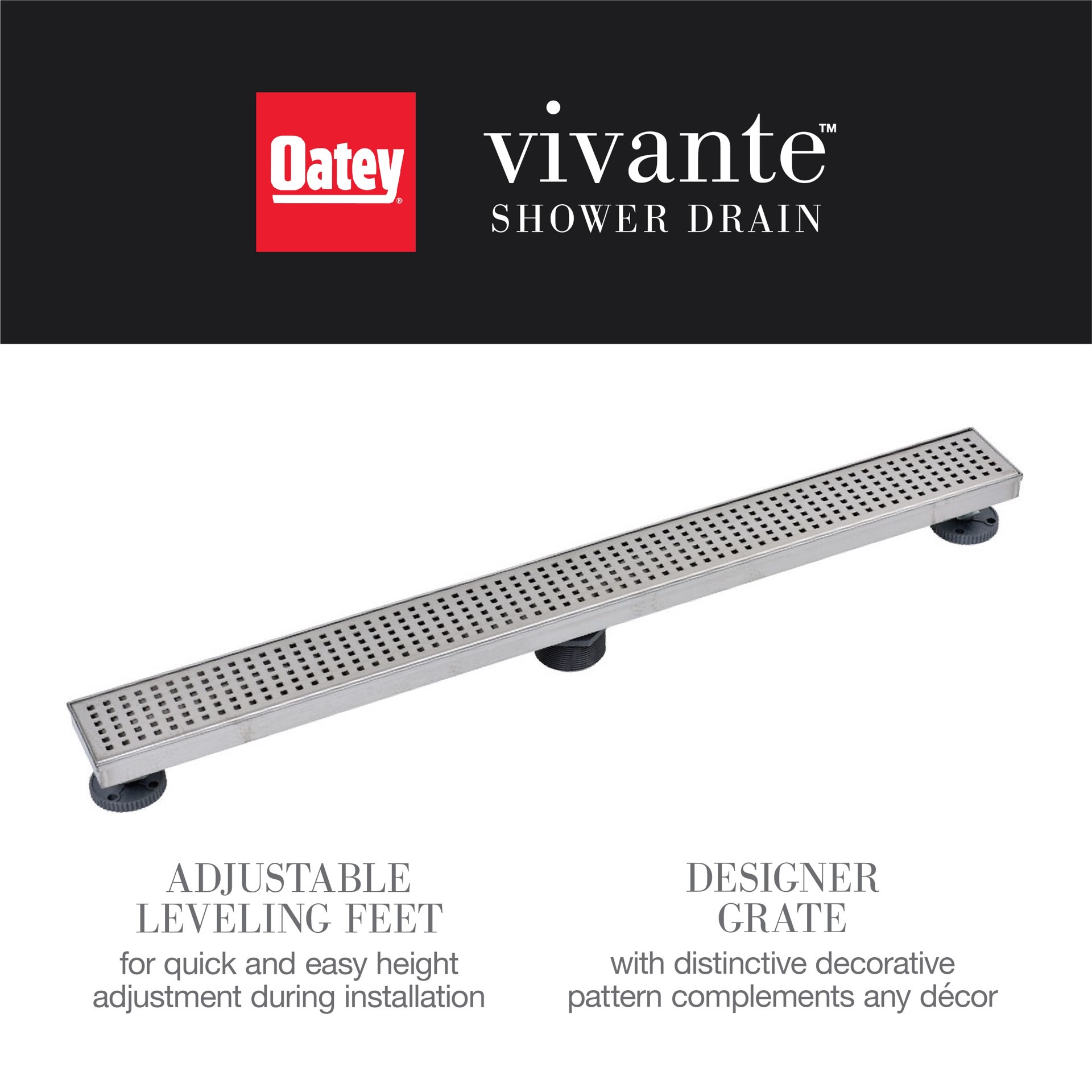 slide 3 of 6, Oatey Vivante 24-in Stainless Steel Linear Shower Drain with Square Pattern, 1 ct