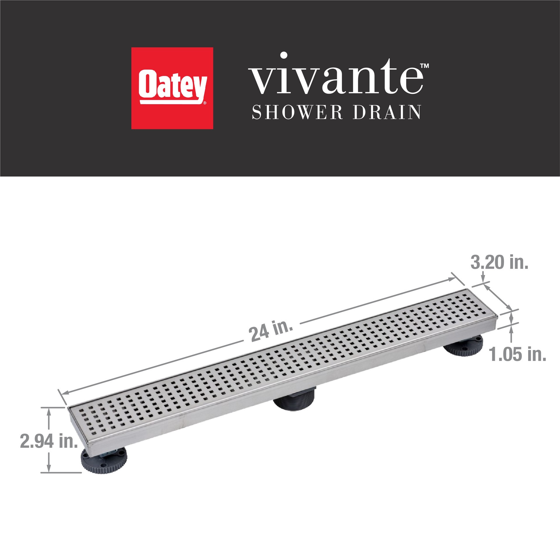 slide 5 of 6, Oatey Vivante 24-in Stainless Steel Linear Shower Drain with Square Pattern, 1 ct