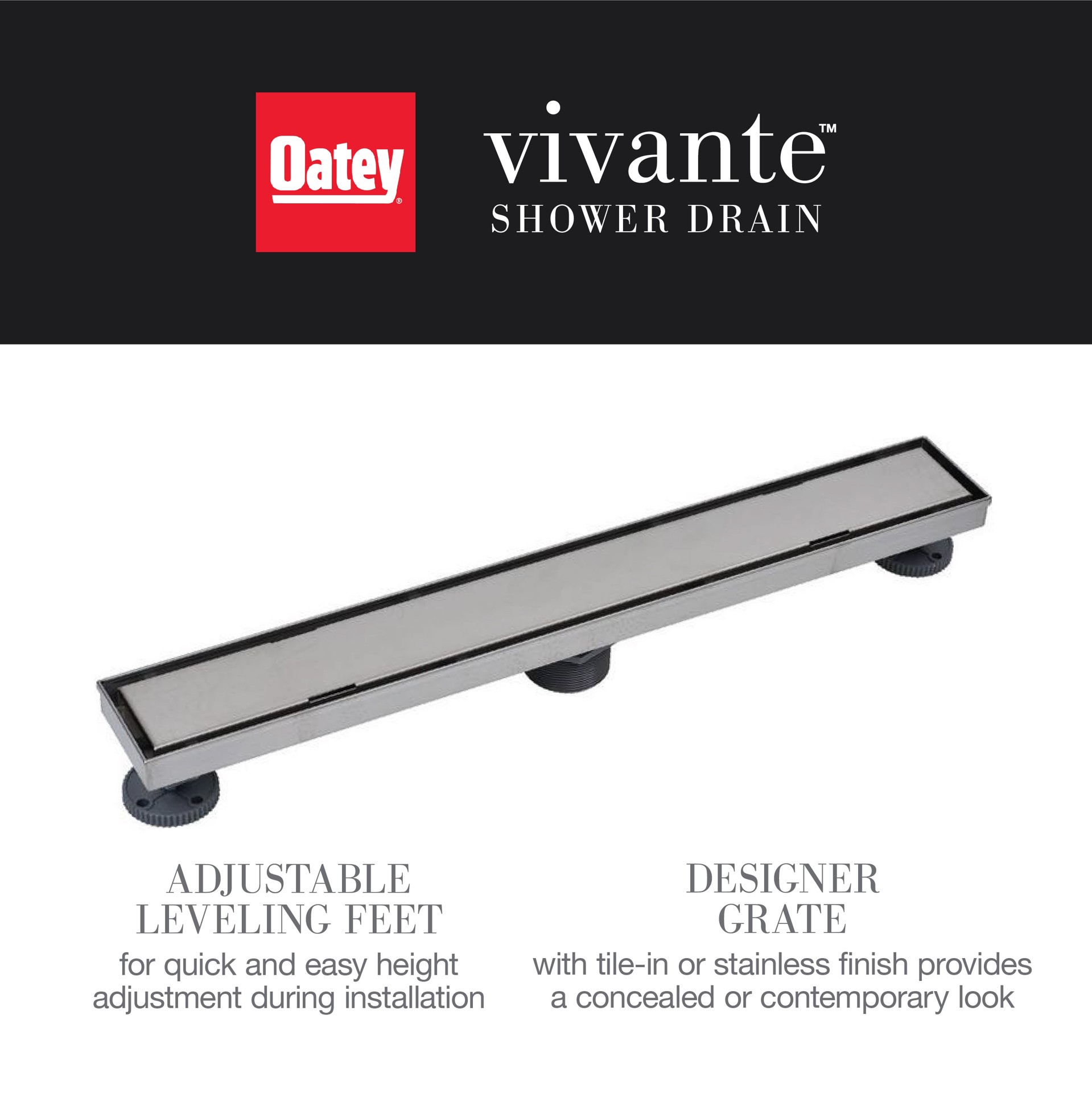 slide 3 of 6, Oatey Vivante 24-in Stainless Steel Linear Shower Drain with Tile-In Cover, 1 ct