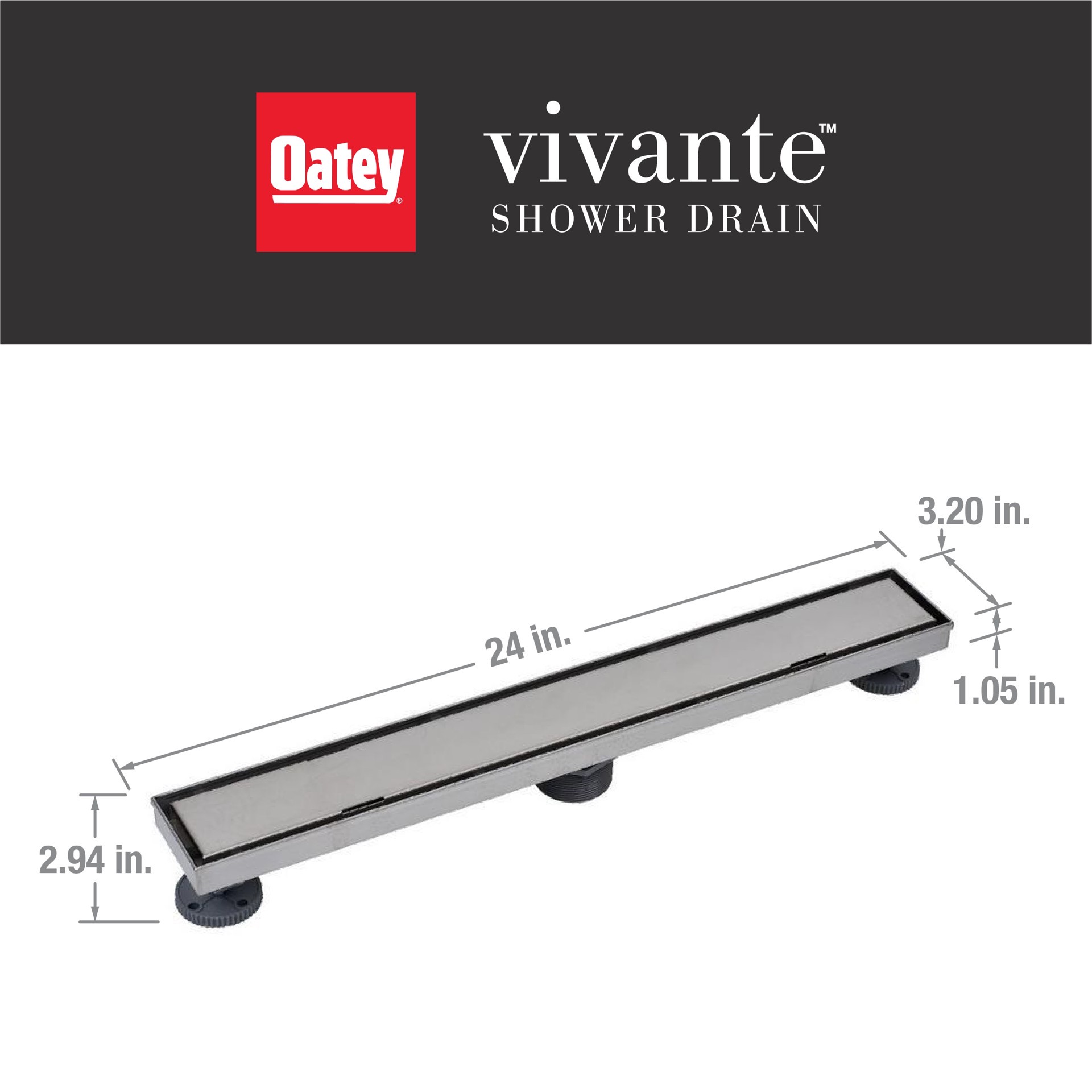 slide 5 of 6, Oatey Vivante 24-in Stainless Steel Linear Shower Drain with Tile-In Cover, 1 ct
