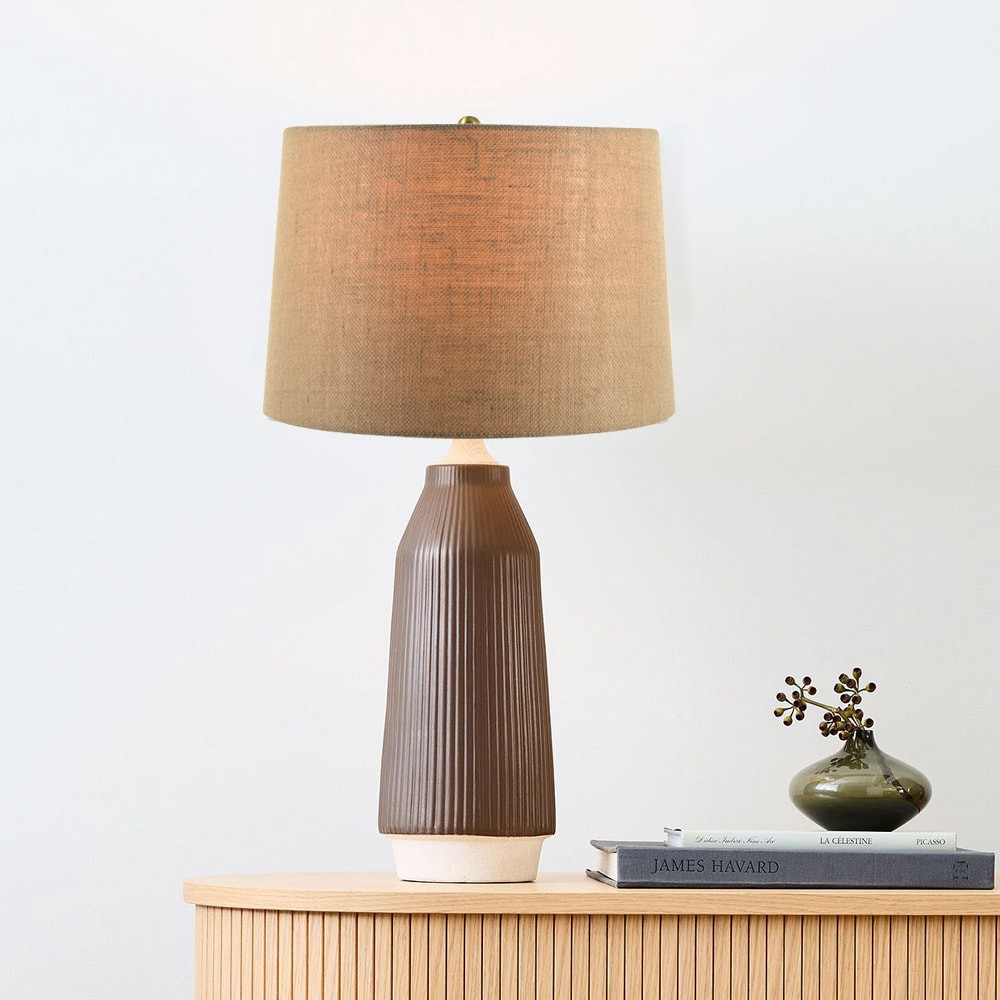 slide 6 of 6, allen + roth 9-in x 13-in Tan Burlap Fabric Drum Lamp Shade, 1 ct