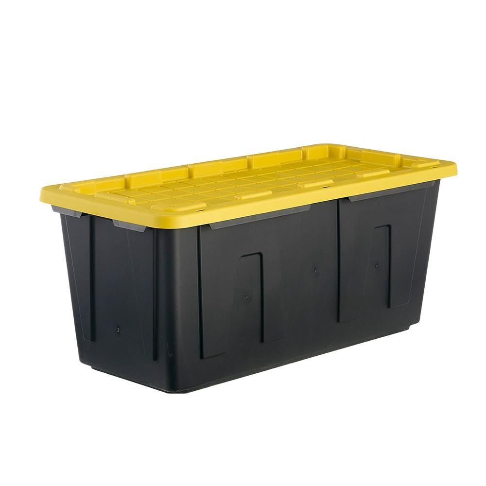 slide 1 of 6, Project Source Commander X-large 50 -Gallons ( 200 -Quarts ) Black and Yellow Heavy Duty Stackable Tote with Standard Snap Lid, 1 ct