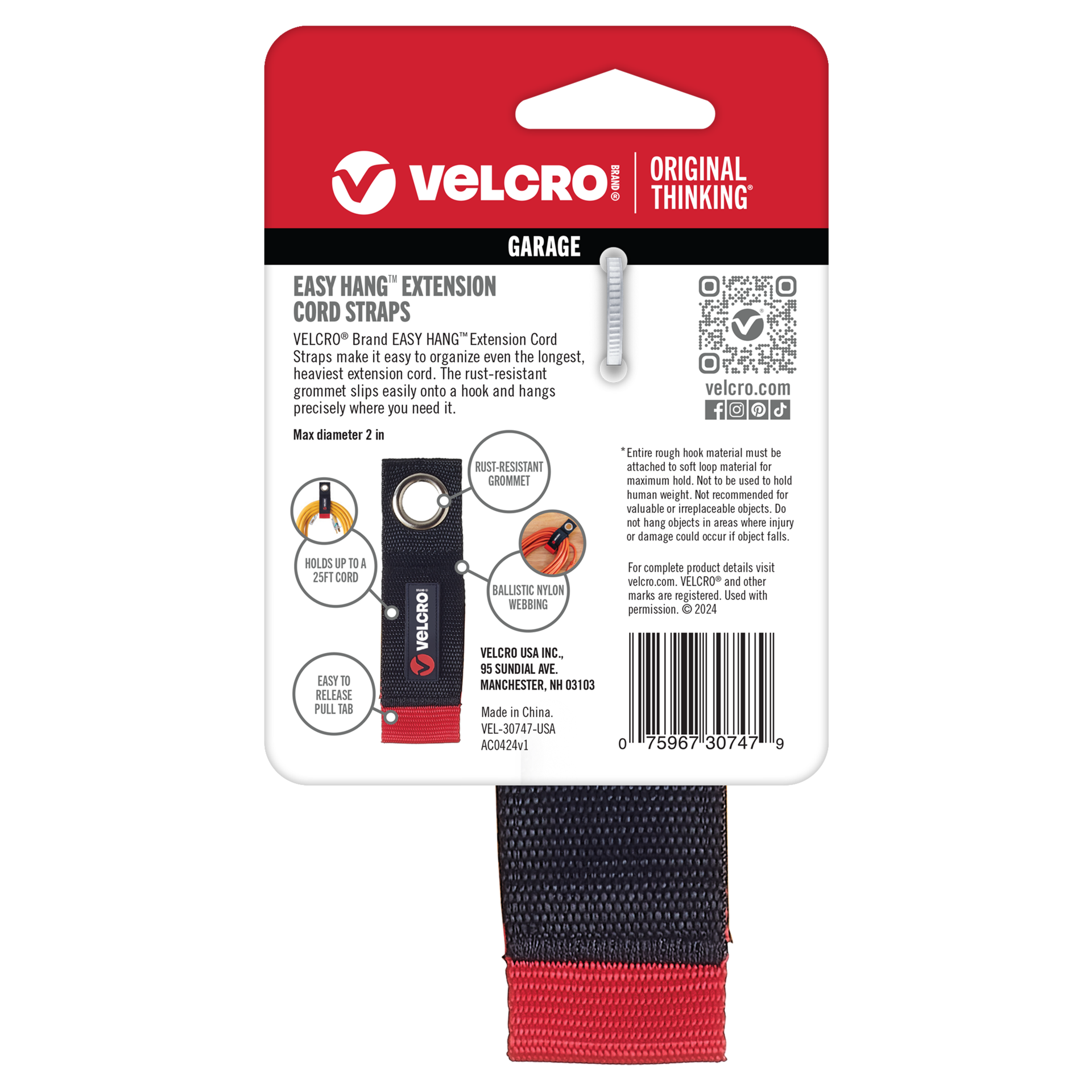 slide 4 of 5, VELCRO Brand EASY-HANG Extension Cord Strap 1 1/2in x 10in Black 10 Inch Black Grommets EASY-HANG Extension Cord Strap 1 1/2in x 10in Hook loop fastener 60-lb Weight Capacity 2 -Pack, 1 ct