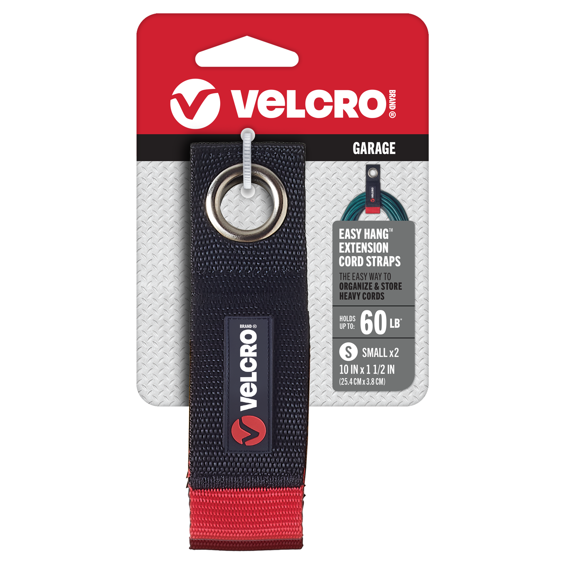 slide 1 of 5, VELCRO Brand EASY-HANG Extension Cord Strap 1 1/2in x 10in Black 10 Inch Black Grommets EASY-HANG Extension Cord Strap 1 1/2in x 10in Hook loop fastener 60-lb Weight Capacity 2 -Pack, 1 ct