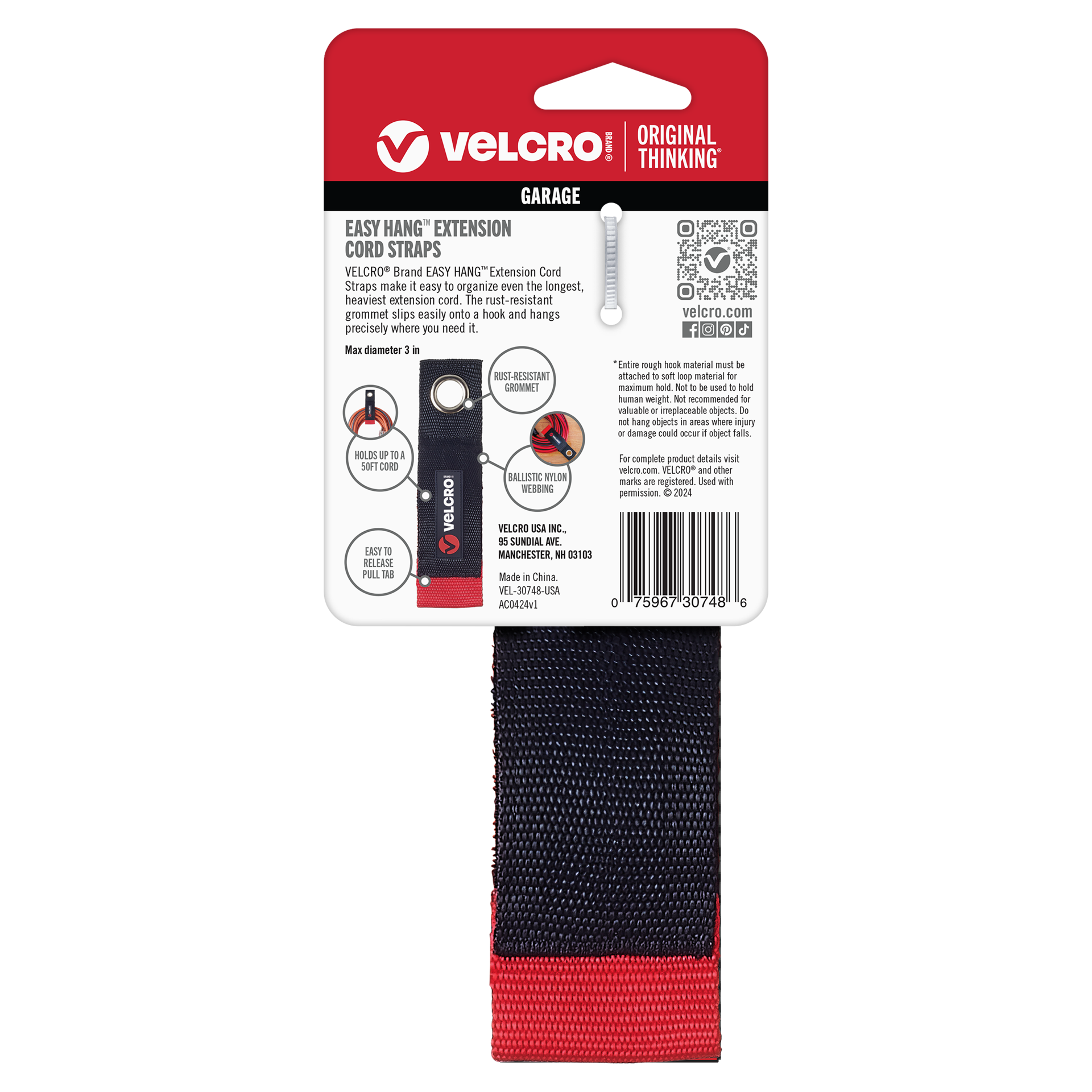 slide 4 of 5, VELCRO Brand 14 Inch Black Grommets EASY-HANG Extension Cord Strap 1 3/4in x 14in Hook loop fastener 75-lb Weight Capacity 2 -Pack, 1 ct