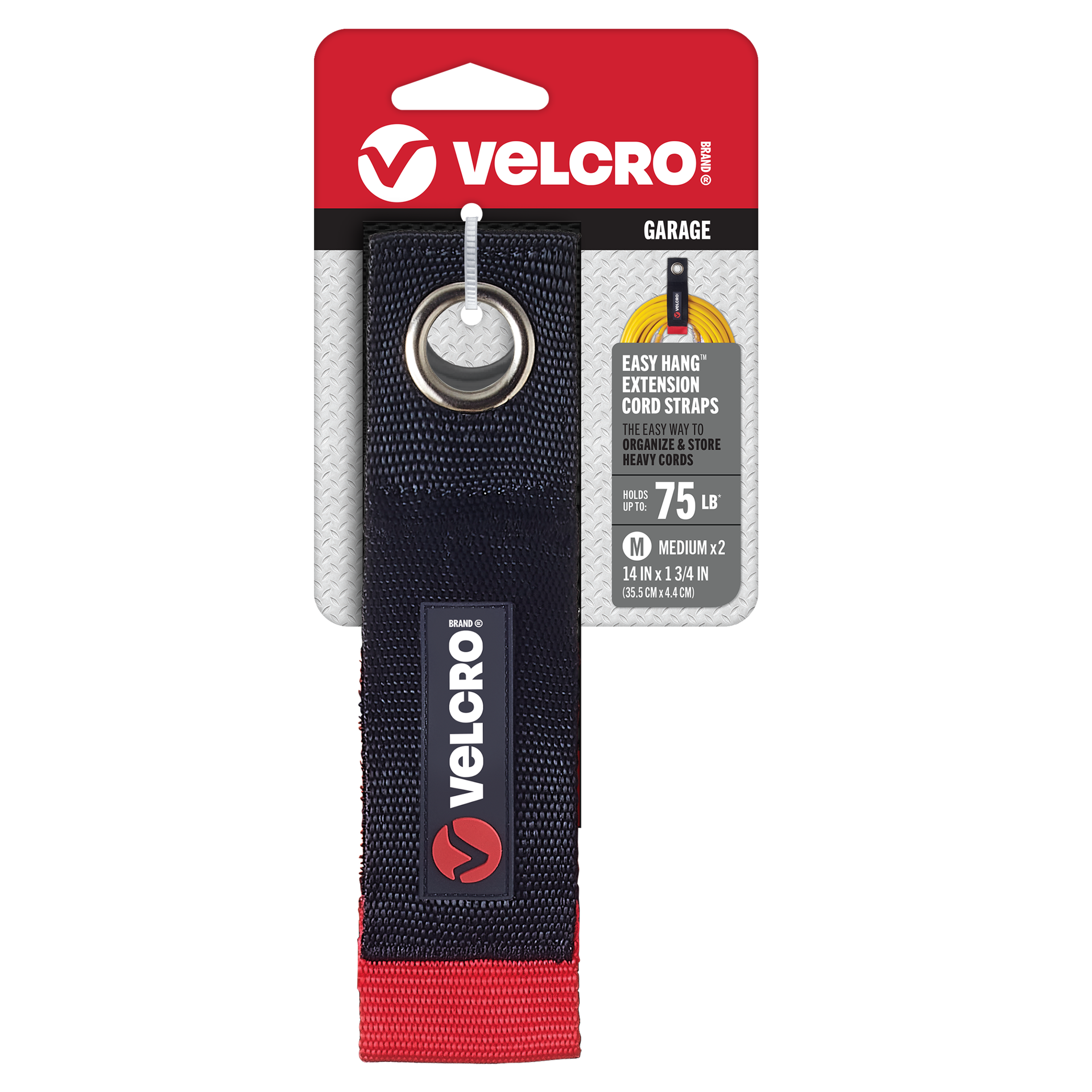 slide 1 of 5, VELCRO Brand 14 Inch Black Grommets EASY-HANG Extension Cord Strap 1 3/4in x 14in Hook loop fastener 75-lb Weight Capacity 2 -Pack, 1 ct