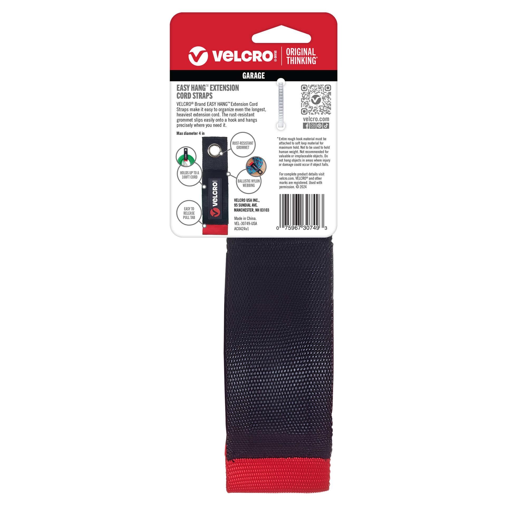 slide 2 of 6, VELCRO Brand 18 Inch Black Grommets EASY HANG Extension Cord Strap 2in x 18in Hook loop fastener 100-lb Weight Capacity 2 -Pack, 1 ct