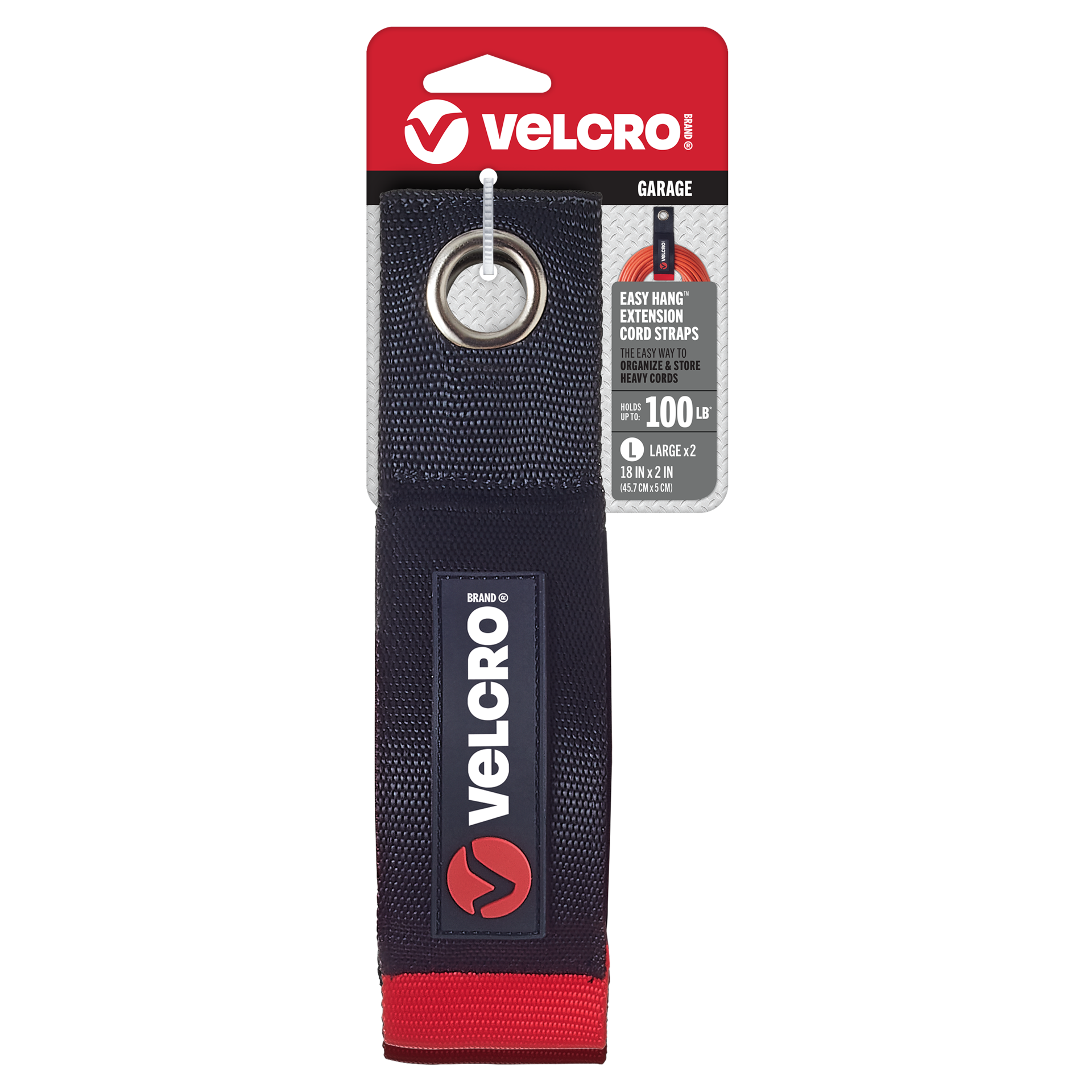 slide 1 of 6, VELCRO Brand 18 Inch Black Grommets EASY HANG Extension Cord Strap 2in x 18in Hook loop fastener 100-lb Weight Capacity 2 -Pack, 1 ct