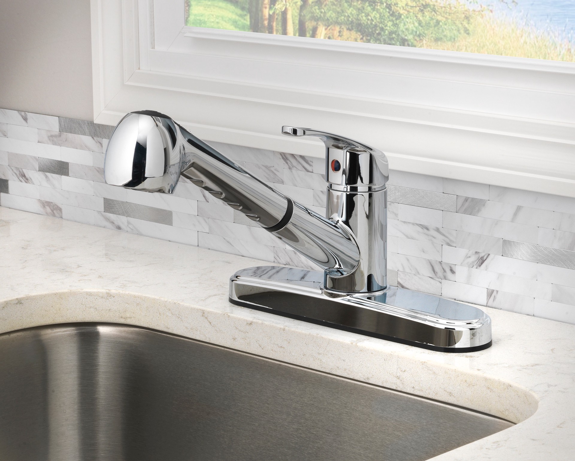 slide 3 of 6, Project Source Chrome Single Handle Deck-mount Pull-out Kitchen Faucet with Sprayer (Includes Deck Plate), 1 ct