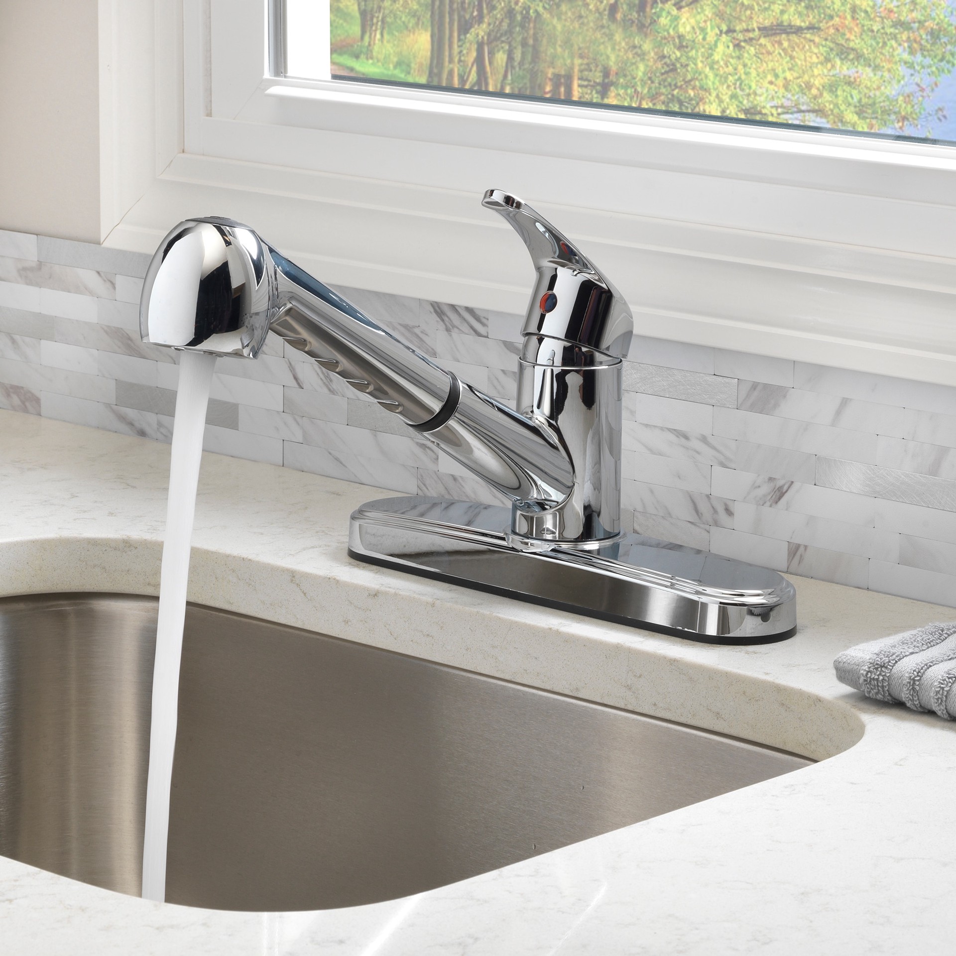slide 4 of 6, Project Source Chrome Single Handle Deck-mount Pull-out Kitchen Faucet with Sprayer (Includes Deck Plate), 1 ct