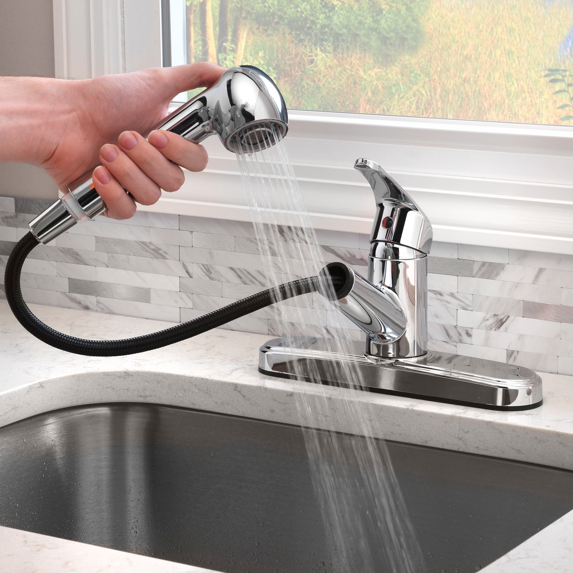 slide 5 of 6, Project Source Chrome Single Handle Deck-mount Pull-out Kitchen Faucet with Sprayer (Includes Deck Plate), 1 ct