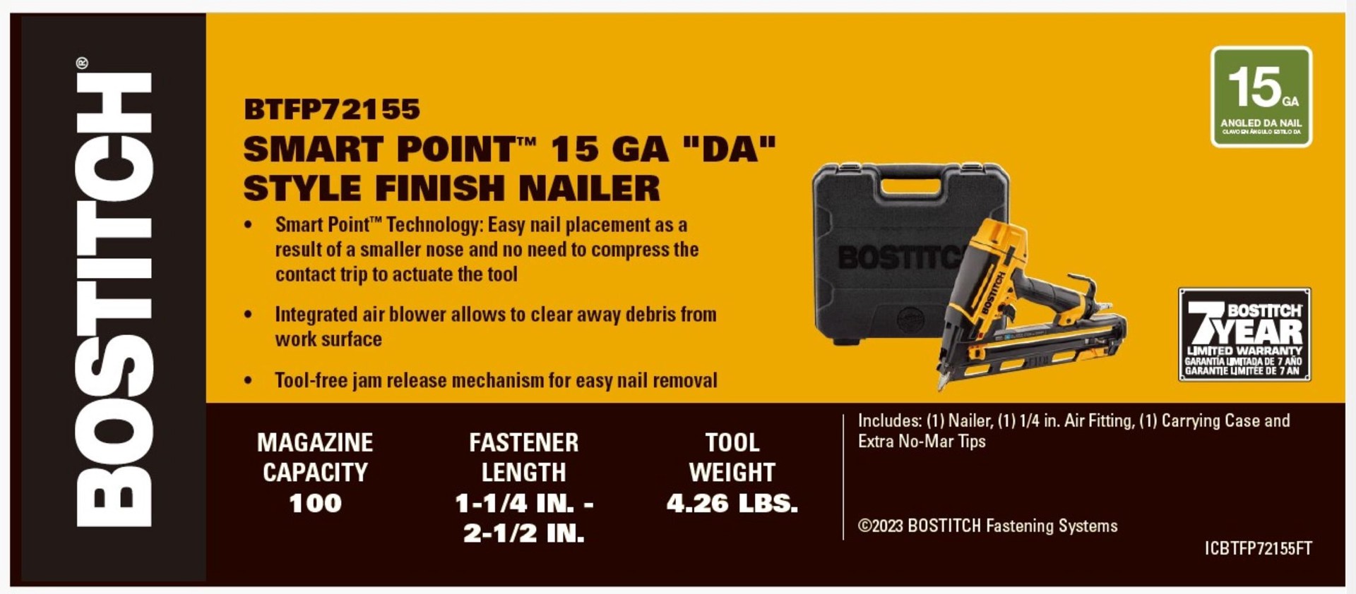 slide 5 of 6, Bostitch Smart Point 2-1/2-in 15 -Gauge Pneumatic Angled Finish Nailer, 1 ct