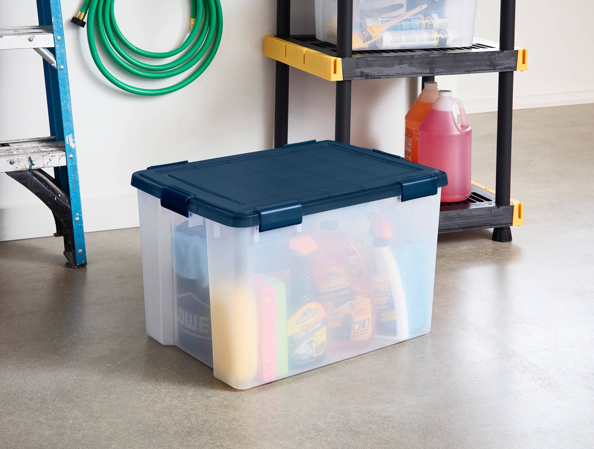 slide 3 of 5, Project Source Large 18.5 -Gallons ( 74 -Quarts ) Blue Heavy Duty Stackable Tote with Latching Lid, 1 ct