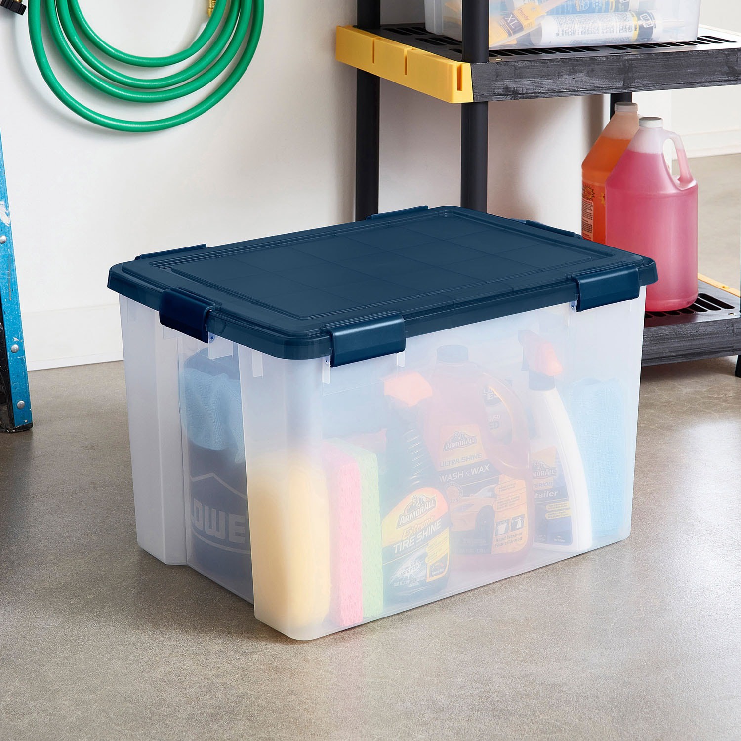 slide 4 of 5, Project Source Large 18.5 -Gallons ( 74 -Quarts ) Blue Heavy Duty Stackable Tote with Latching Lid, 1 ct