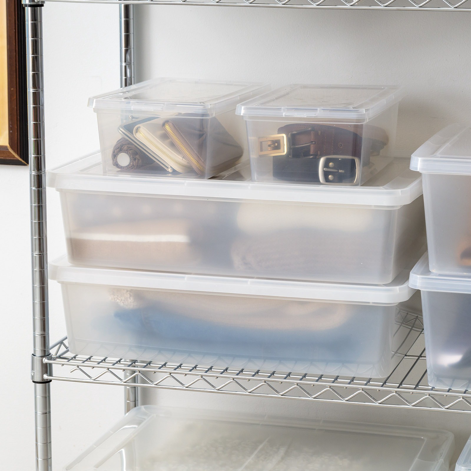 slide 6 of 6, Project Source Medium 7 -Gallons ( 28 -Quarts ) Clear Stackable Underbed tote with Standard Snap Lid, 1 ct