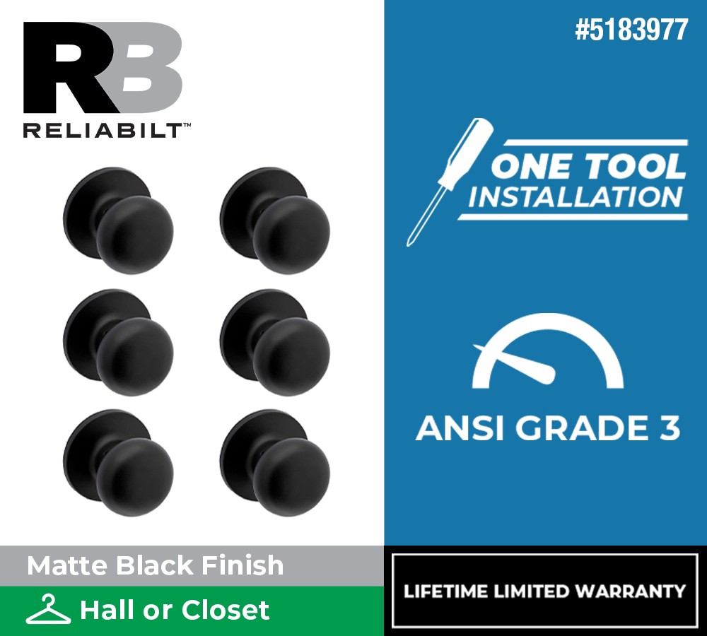 slide 2 of 6, RELIABILT Baron Matte Black Interior or Hall/Closet Passage Door Knob Contractor Pack 6 -Pack, 1 ct