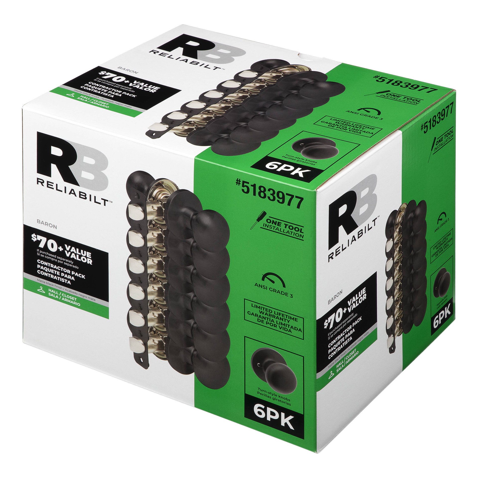 slide 3 of 6, RELIABILT Baron Matte Black Interior or Hall/Closet Passage Door Knob Contractor Pack 6 -Pack, 1 ct