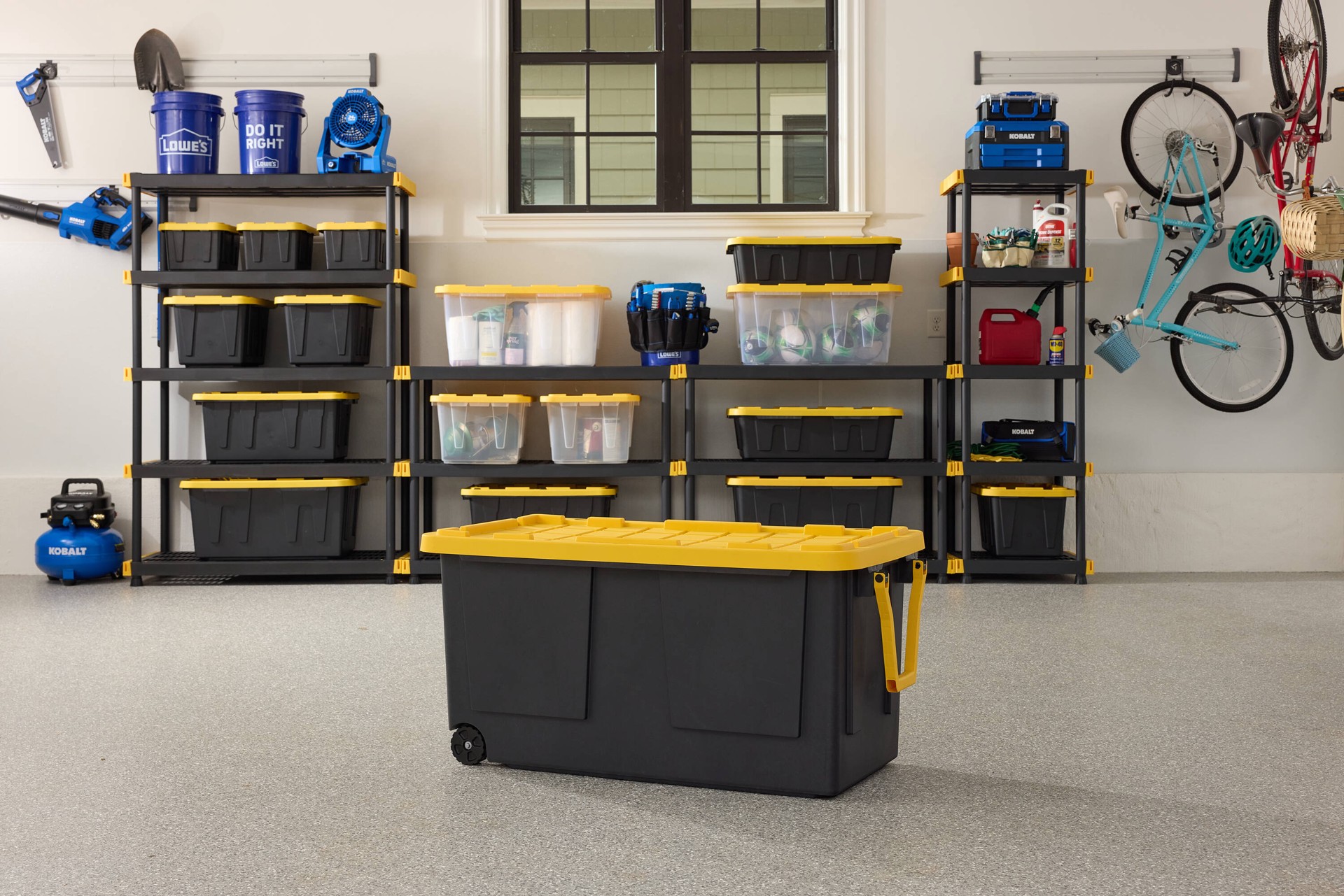 slide 2 of 6, Project Source Commander X-large 75 -Gallons ( 300 -Quarts ) Black and Yellow Heavy Duty Rolling Stackable Tote with Standard Snap Lid, 1 ct