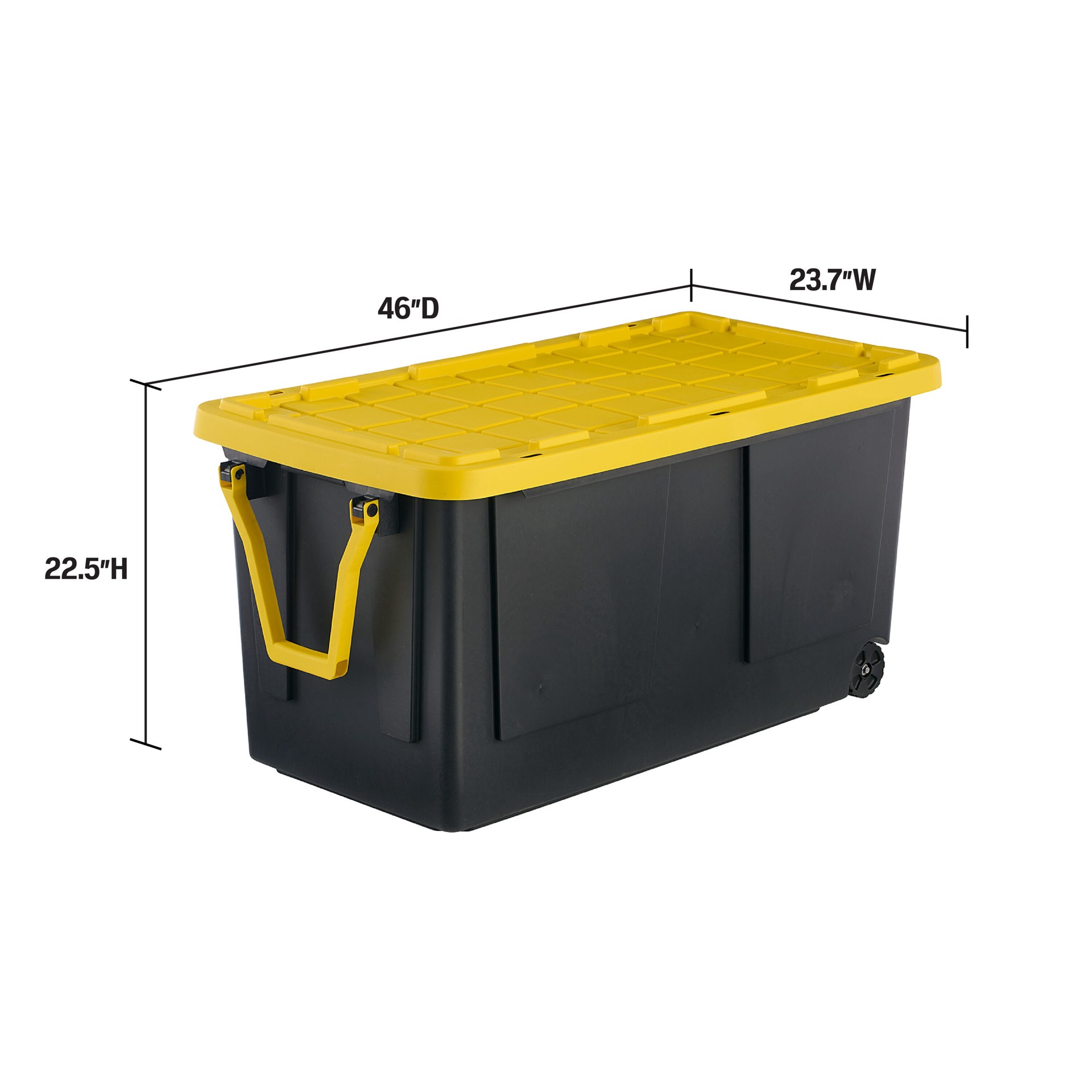 slide 3 of 6, Project Source Commander X-large 75 -Gallons ( 300 -Quarts ) Black and Yellow Heavy Duty Rolling Stackable Tote with Standard Snap Lid, 1 ct