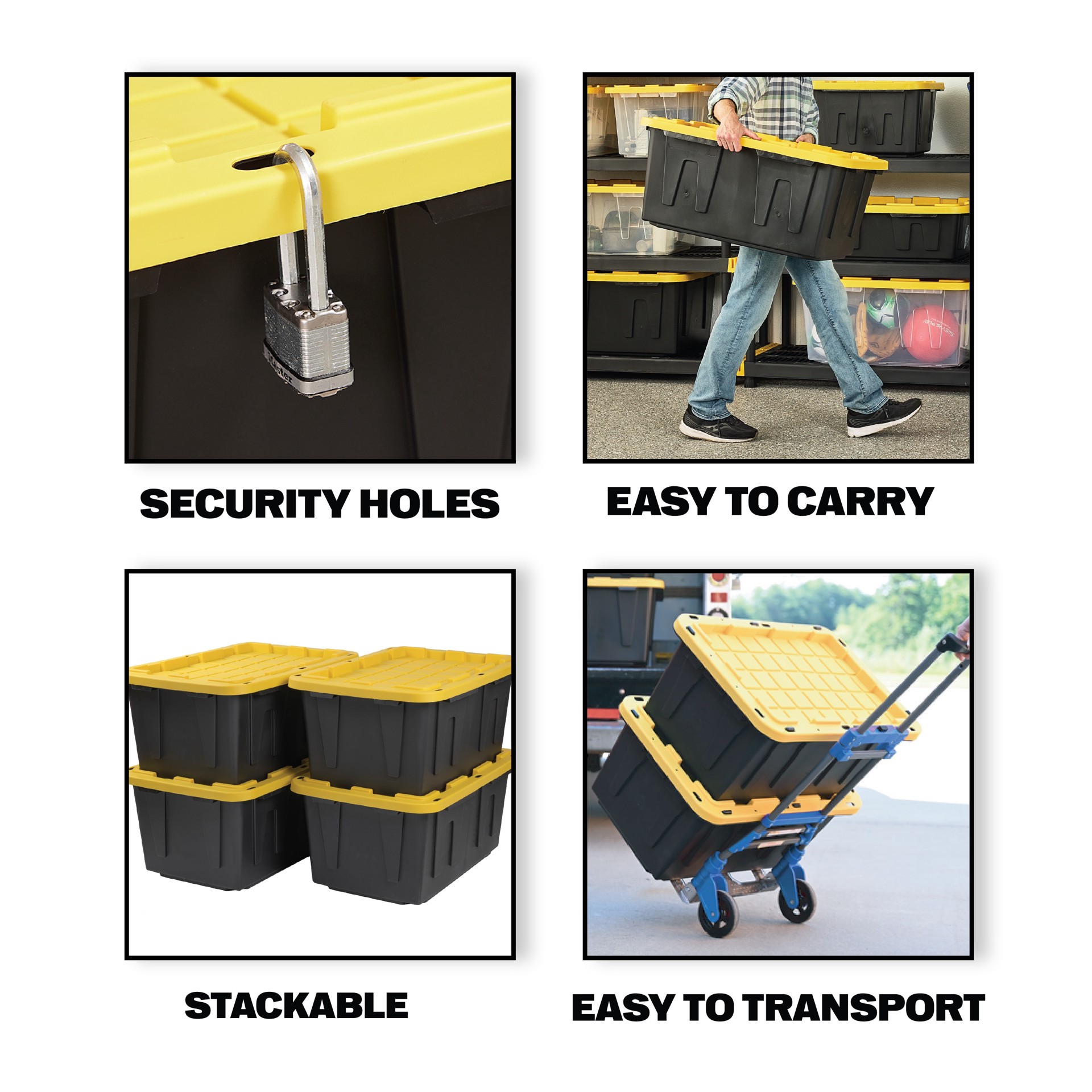 slide 6 of 6, Project Source Commander X-large 75 -Gallons ( 300 -Quarts ) Black and Yellow Heavy Duty Rolling Stackable Tote with Standard Snap Lid, 1 ct