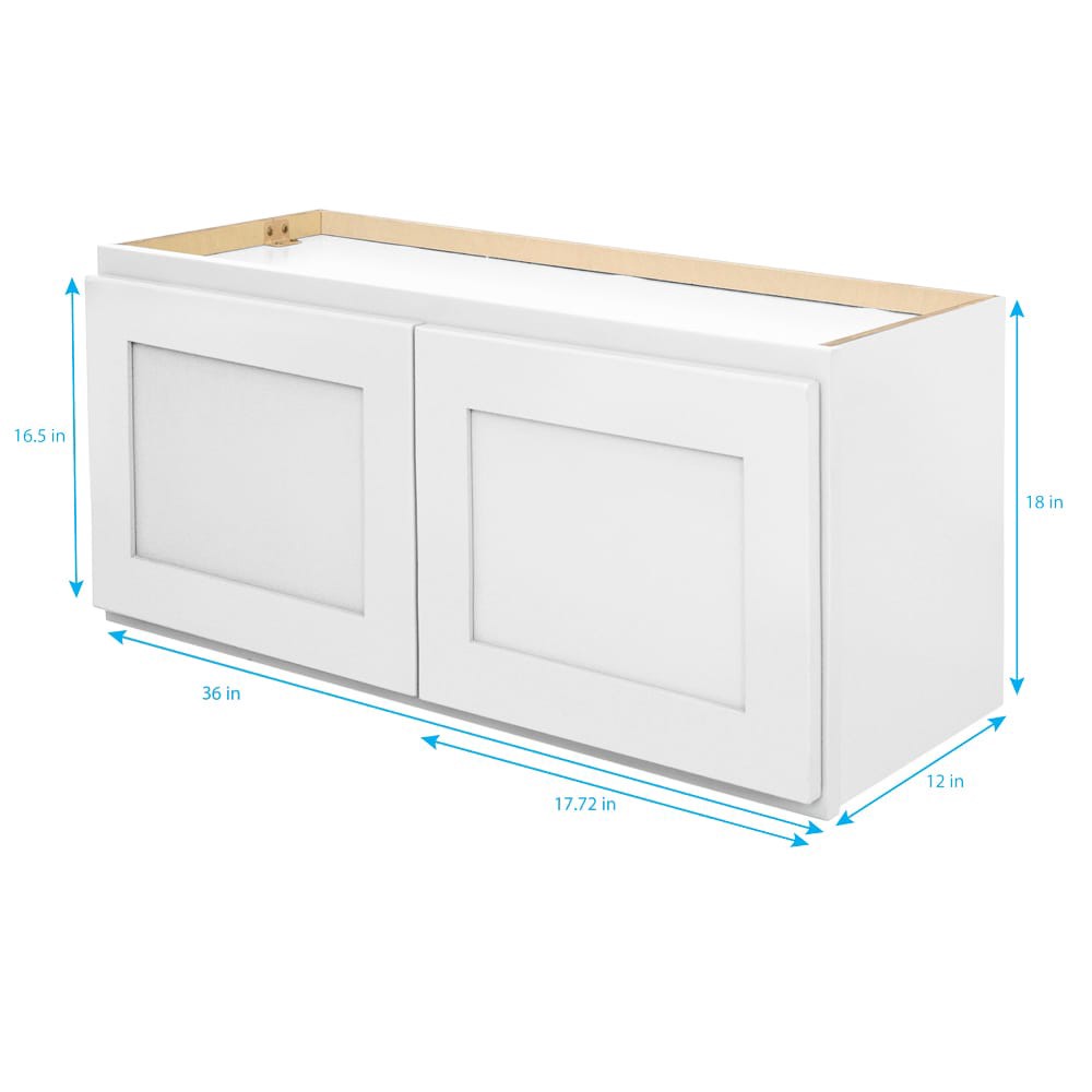 slide 5 of 6, RELIABILT Fairplay 36-in W x 18-in H x 12-in D White Wall Ready to assemble (RTA) Plywood Cabinet Recessed Panel Shaker, 1 ct