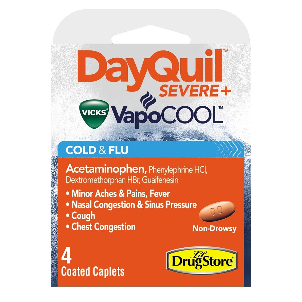 slide 1 of 1, VICKS DayQuil Extra Strength Acetaminophen Caplets for Cough, Cold, and Flu Relief - Reduces Chest Congestion and Cough - Trial Size Packaging, 1 ct