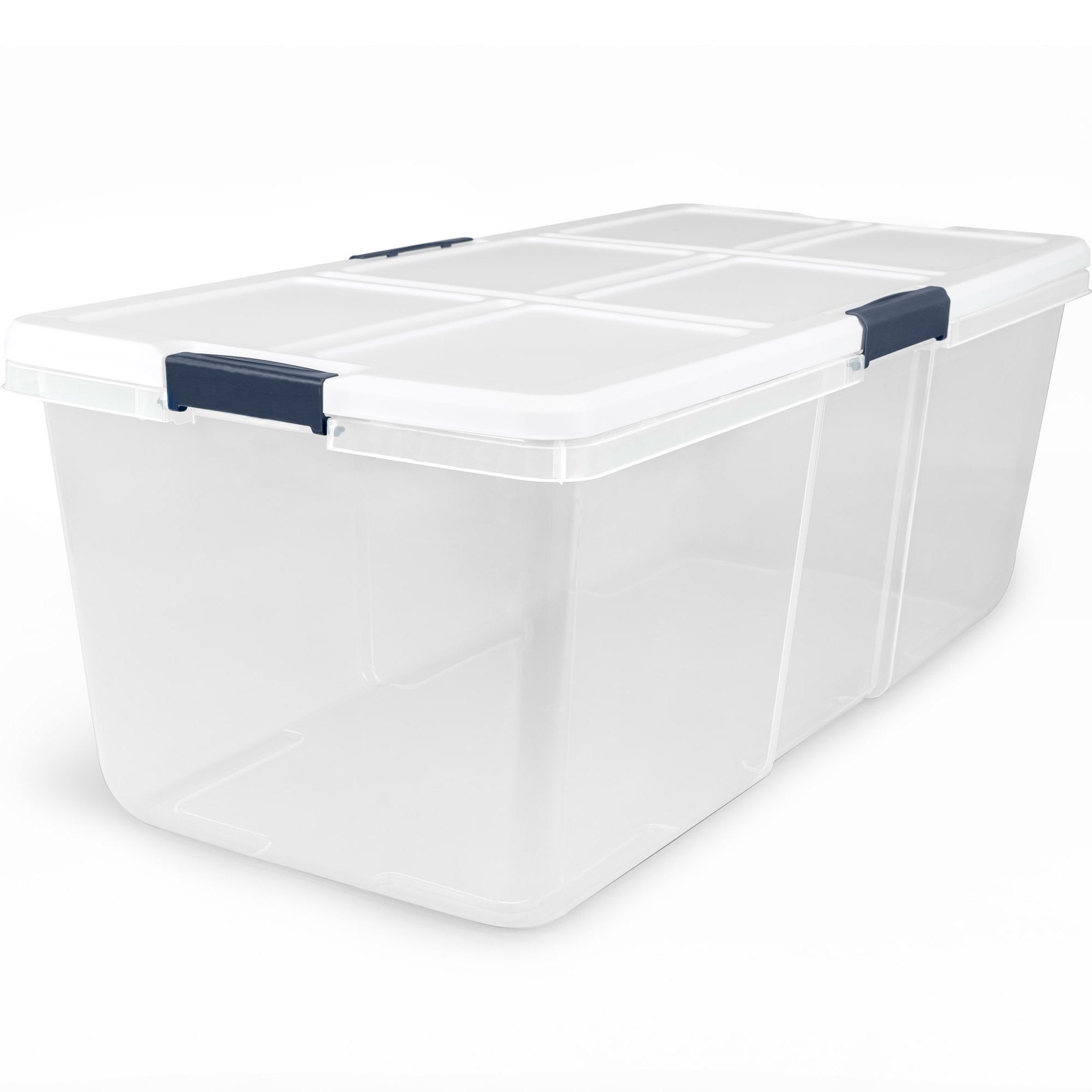 slide 1 of 6, Project Source X-large 25 -Gallons ( 100 -Quarts ) Clear/White Stackable Tote with Latching Lid, 1 ct