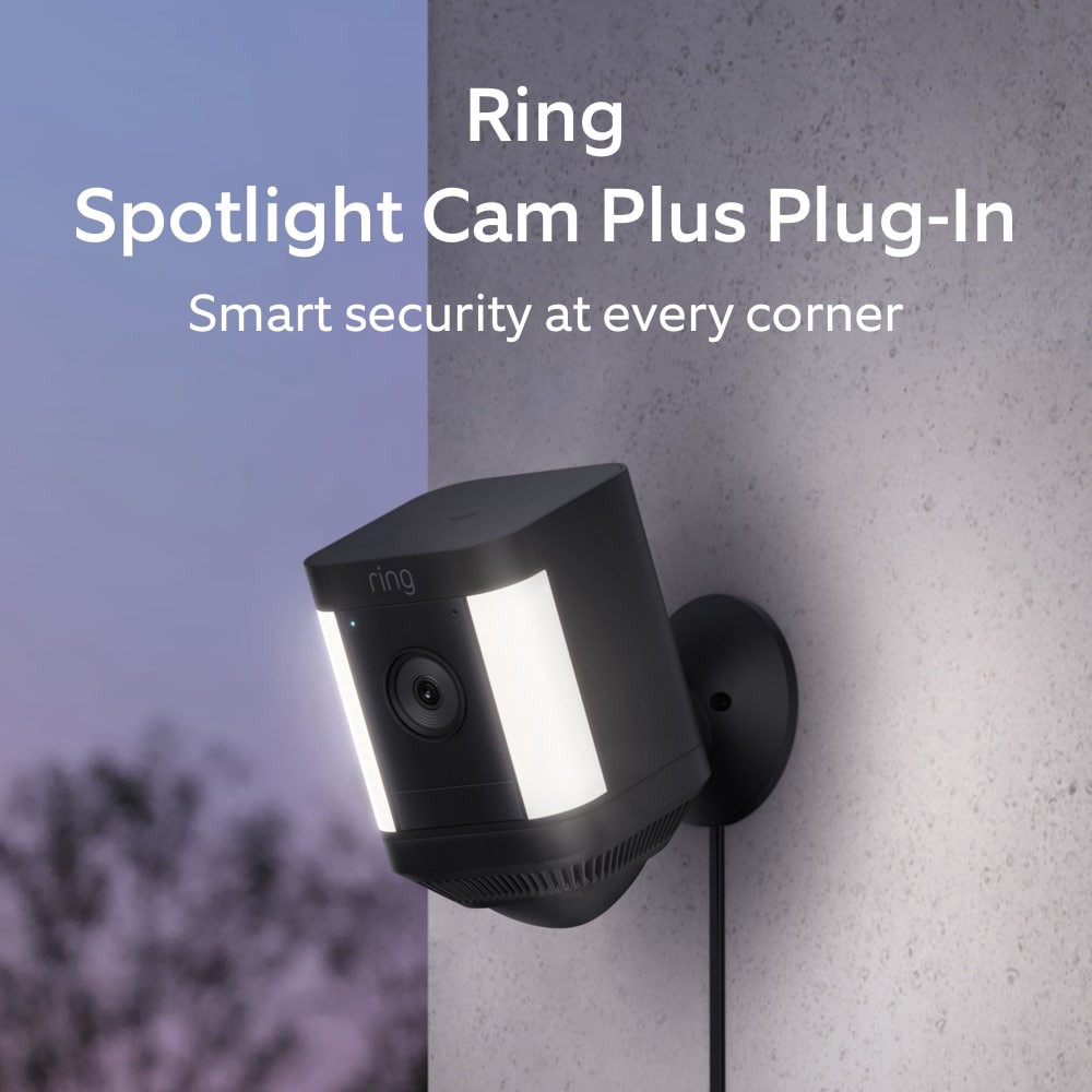 slide 2 of 6, Ring Spotlight Cam Plus, Plug-In - Smart Security Video Camera with 2 Motion-Activated LED Spotlights, 2-Way Talk, Color Night Vision, Black, 1 ct
