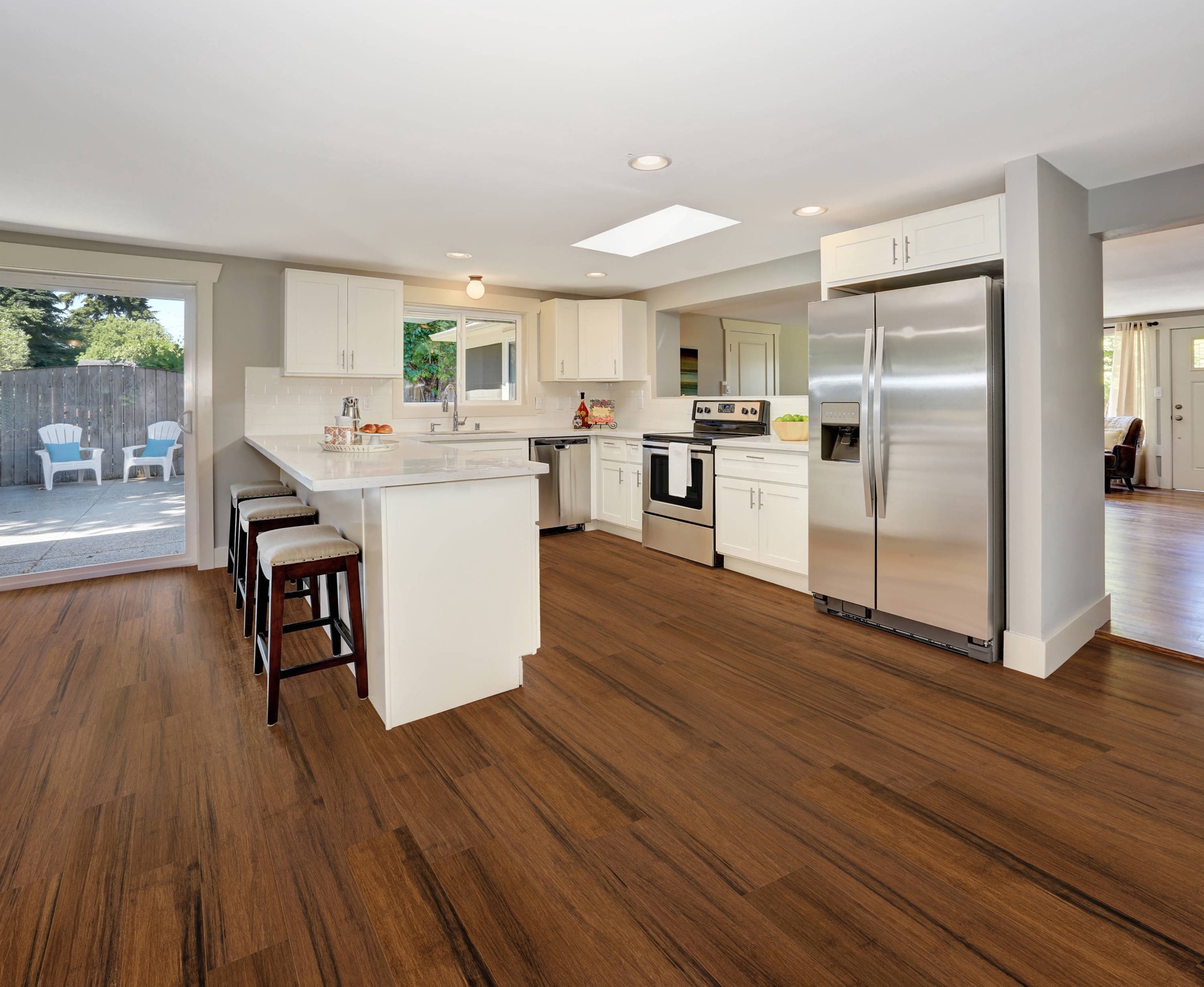 slide 6 of 6, allen + roth Locking Bamboo Hardwood Flooring Rustic Brown Bamboo 3/8-in T x 5-1/8-in W Handscraped Engineered Hardwood Flooring ( 20.49-sq ft / Carton ), 1 ct