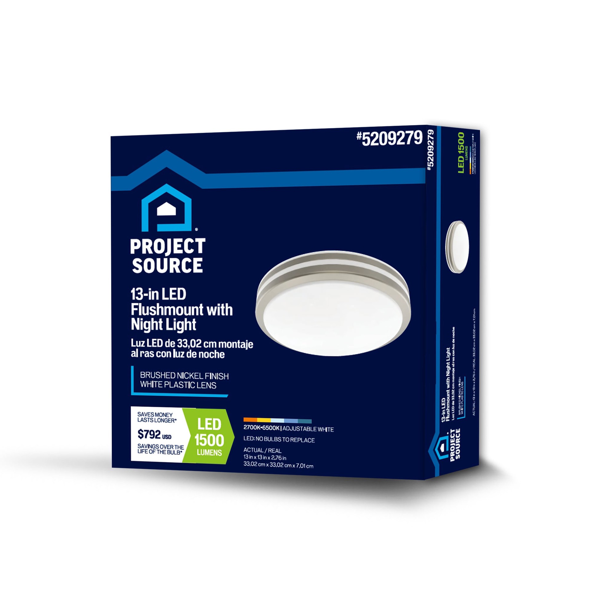 slide 3 of 6, Project Source with Night Light 1 -Light 13-in Brushed Nickel Integrated LED Flush Mount Light, 1 ct