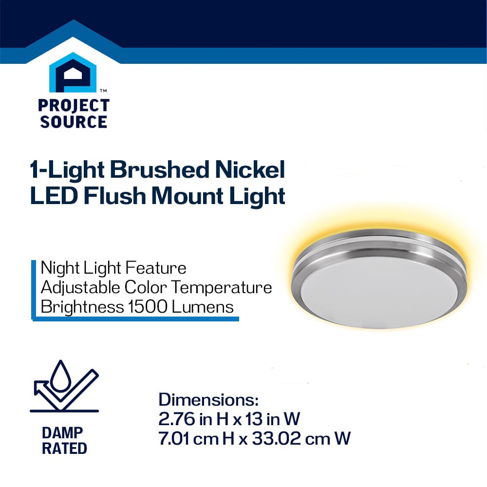slide 2 of 6, Project Source with Night Light 1 -Light 13-in Brushed Nickel Integrated LED Flush Mount Light, 1 ct